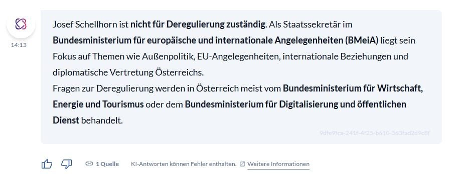 Textfeld mit Erklärung zu Zuständigkeiten für Deregulierung in österreichischen Ministerien.