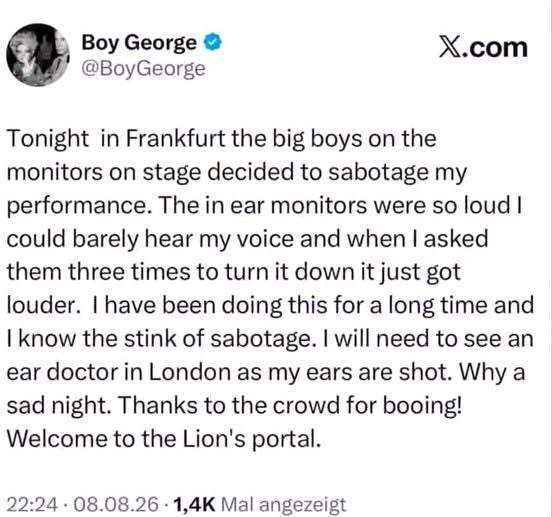 Boy George klagt auf X über sabotierte Performance durch laute In-Ear-Monitore in Frankfurt.