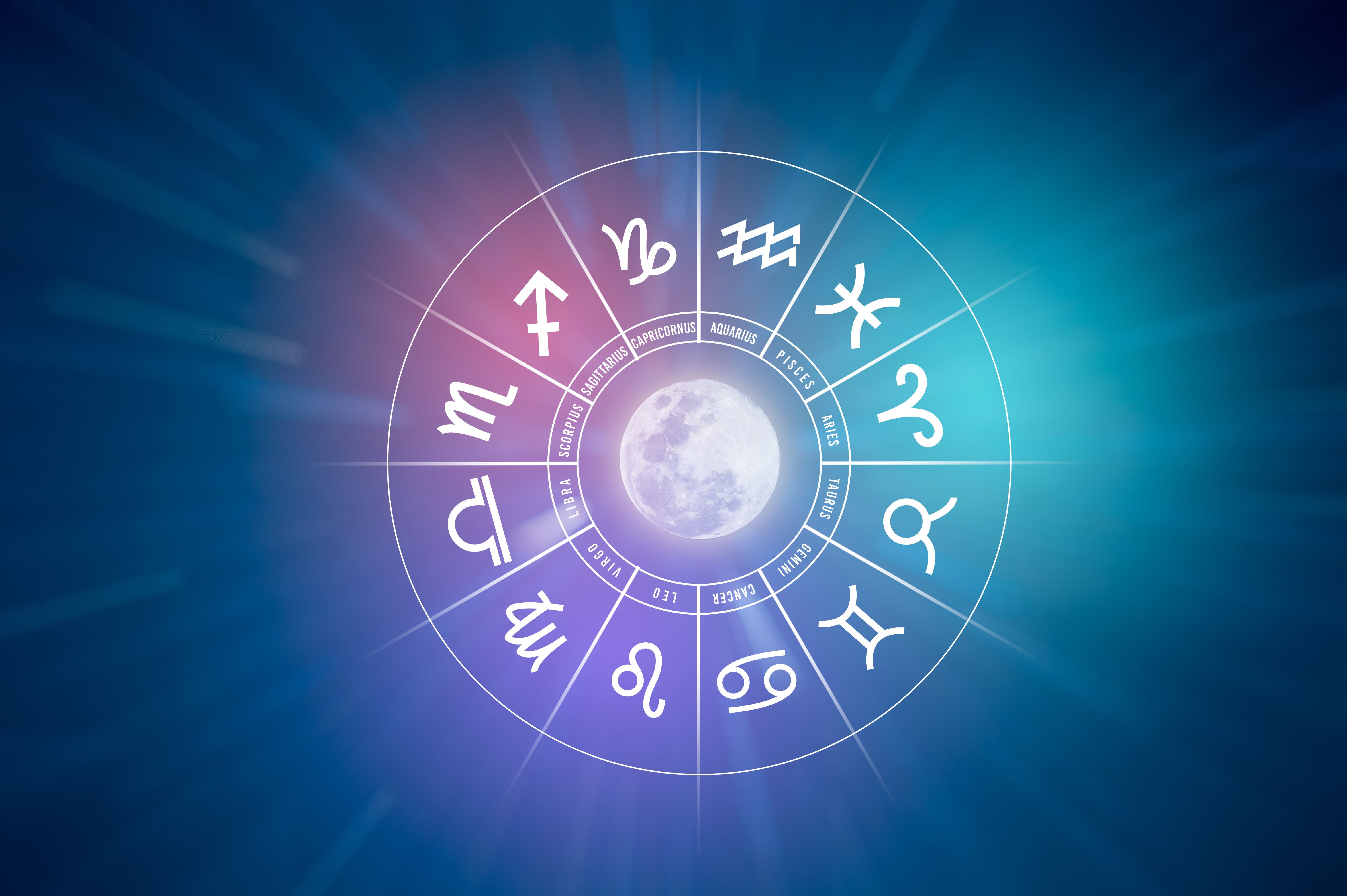 Kreis mit Tierkreiszeichen und Vollmond in der Mitte vor blauem Sternenhimmel.