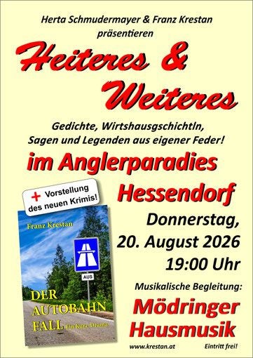 Plakat für eine Lesung mit Musik am 20. August 2026 im Anglerparadies Hessendorf.