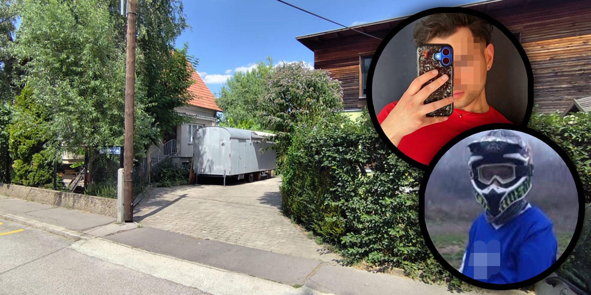 Einfahrt zu einem Wohnhaus mit Anhänger, zwei Porträtfotos eingeblendet, eins mit Motorradhelm.