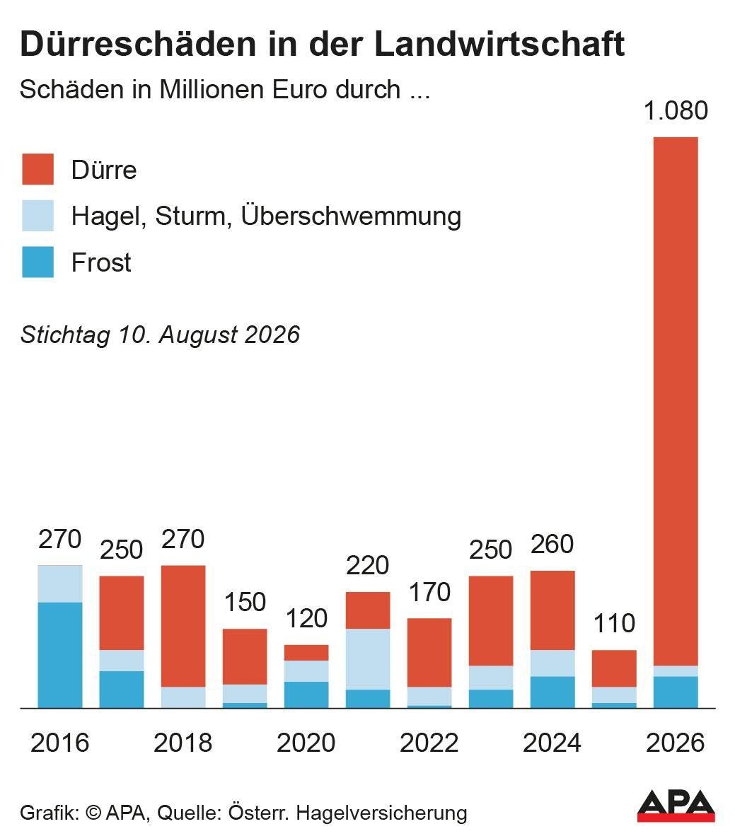 Balkendiagramm zeigt steigende Dürreschäden in der Landwirtschaft bis 2026, besonders stark 2026.