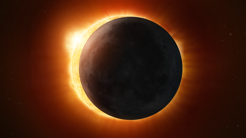 Sonnenfinsternis mit leuchtender Korona im Weltraum vor dunklem Hintergrund.