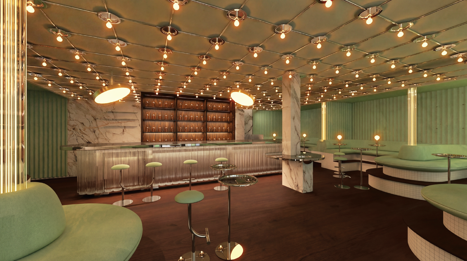 Modernes Café mit mintgrünen Sitzen, Bar, Marmorsäulen und vielen Deckenlampen.