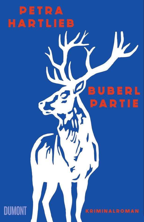 Buchcover mit weißer Hirschzeichnung auf blauem Hintergrund und rotem Text: "Buberlpartie".