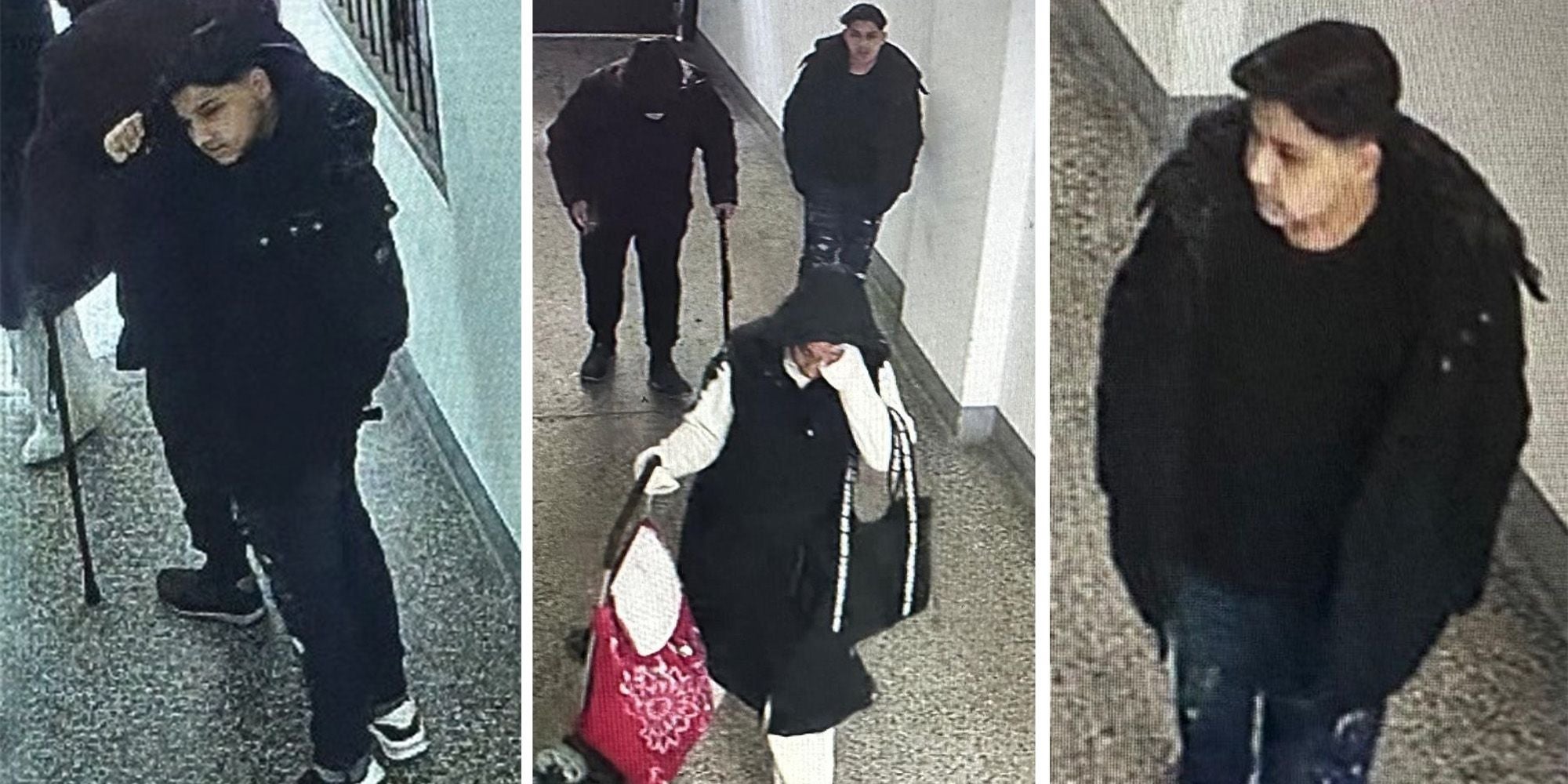 Polizeibilder zeigen mehrere gesuchte Personen in einem Gebäude mit Flur und Gehstock.