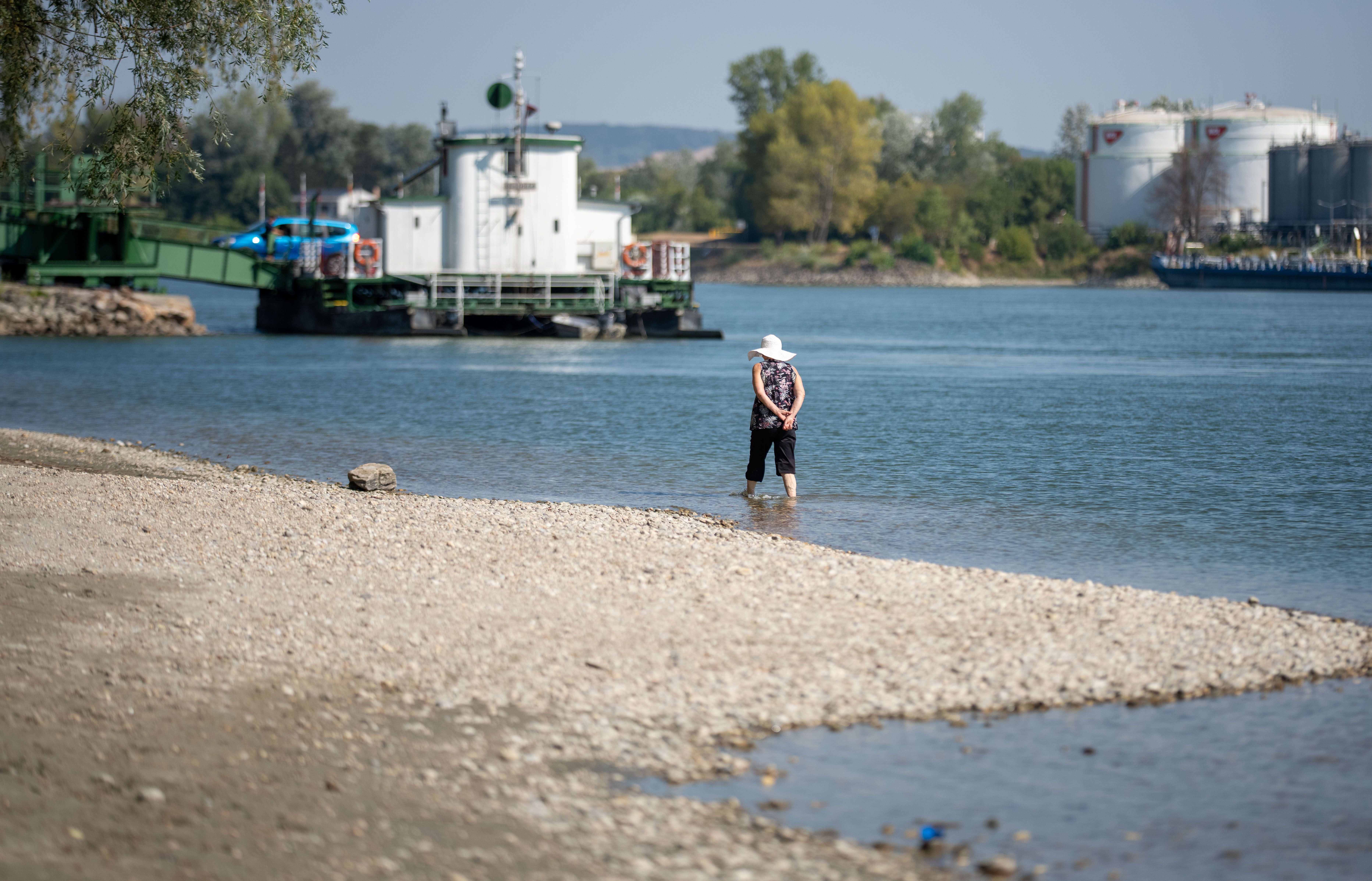 Eine Frau steht mit Sonnenhut am Ufer der Donau, im Hintergrund eine Rollfähre und Industrieanlagen.