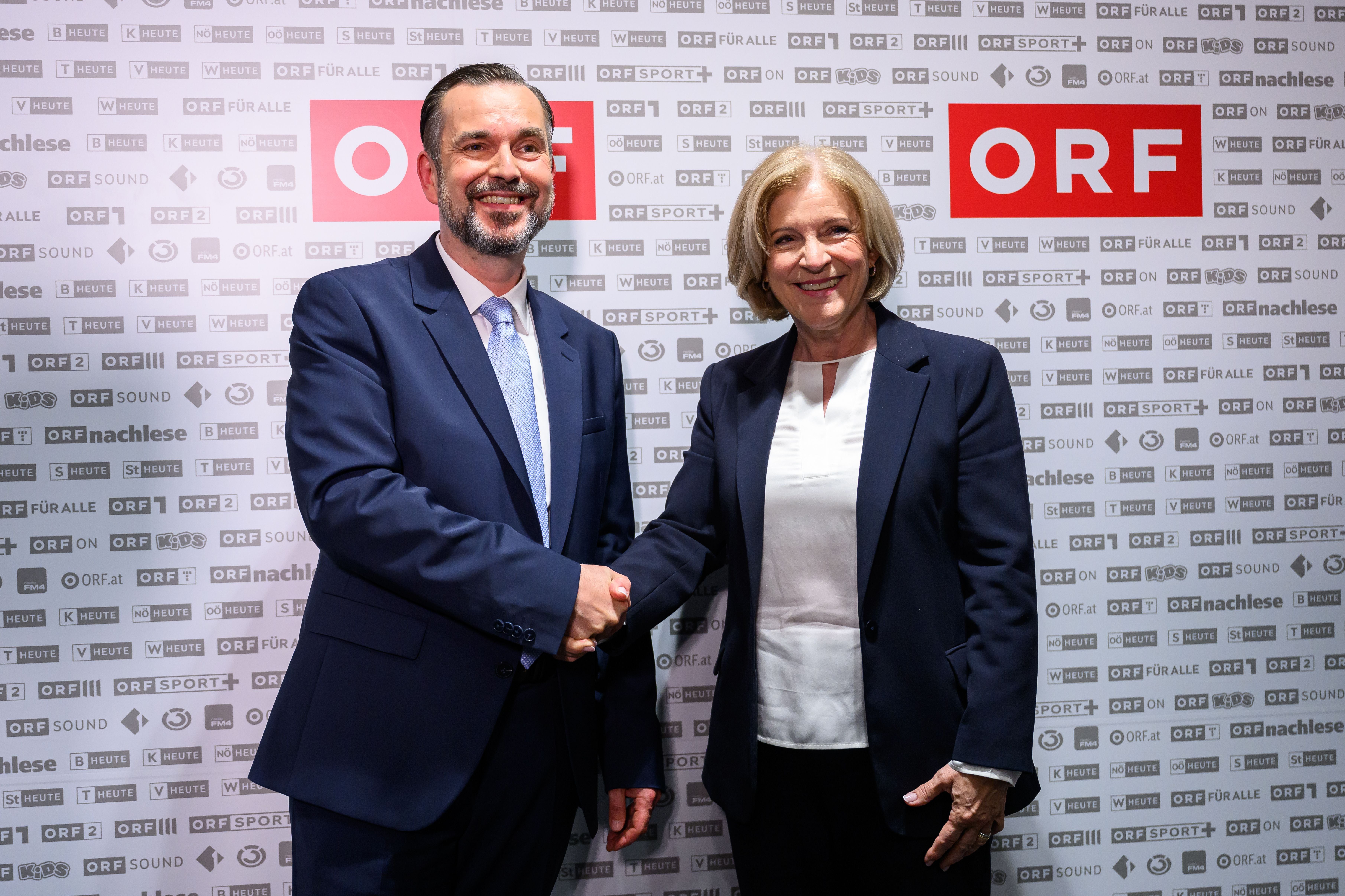 Der neu gewählte ORF-Generaldirektor Clemens Pig und ORF-Generaldirektorin Ingrid Thurnher im Rahmen der ORF-Generaldirektorenwahl am Freitag, 12. Juni 2026, im ORF-Zentrum in Wien.