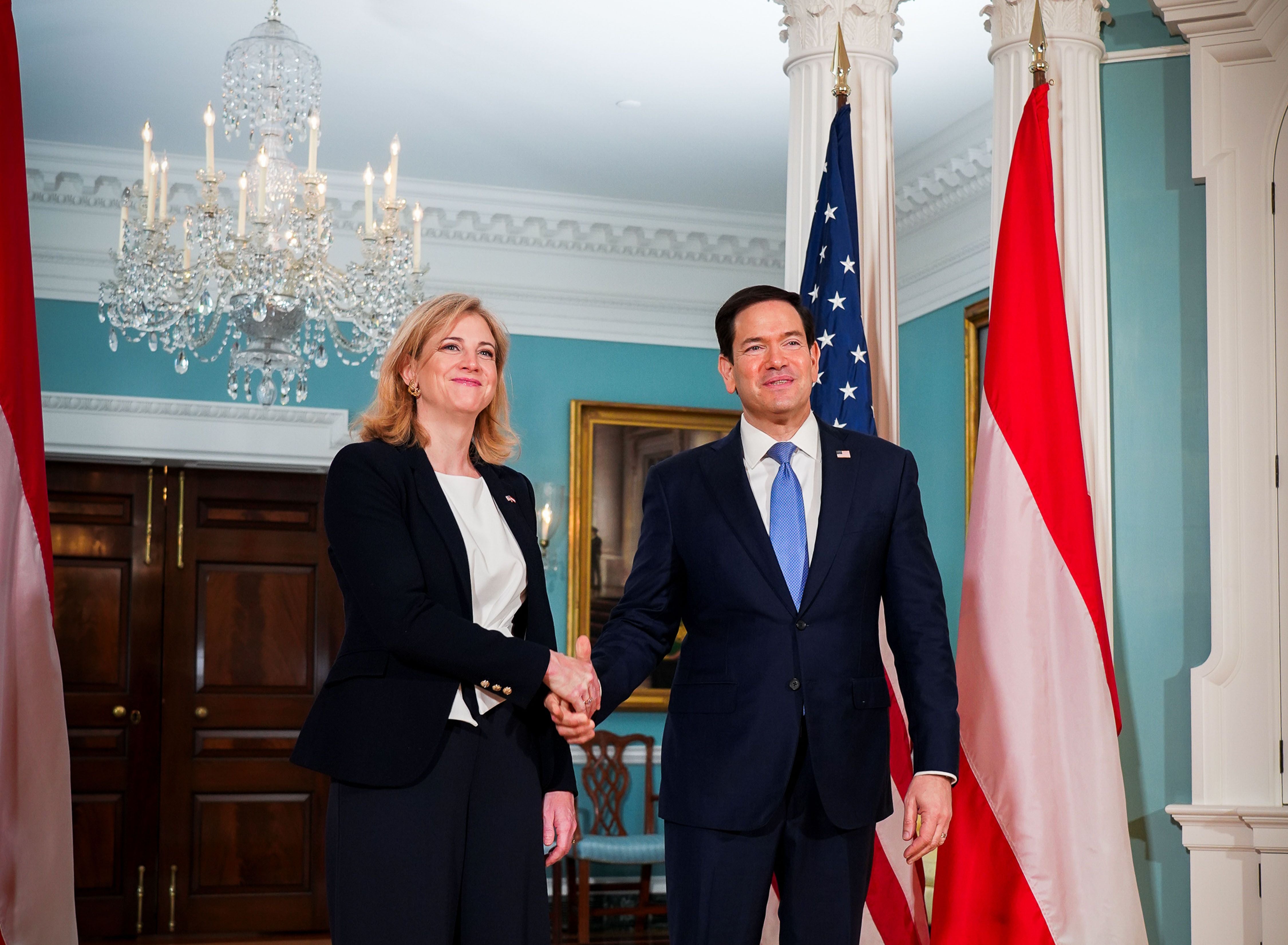 Außenministerin Beate Meinl-Reisinger (NEOS) und ihr Amtskollege US-Außenminister Marco Rubio, anlässlich eines Treffens in der USA am Dienstag, 11. August 2026 in Washington.