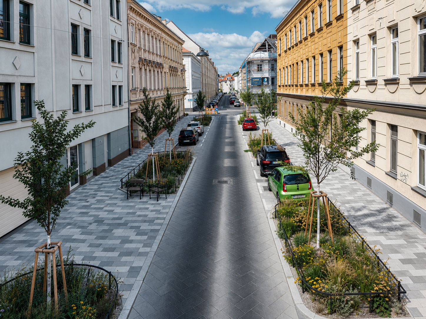 Modernisierte, begrünte Stadtstraße mit Bäumen, Blumeninseln und parkenden Autos bei Sonnenschein.