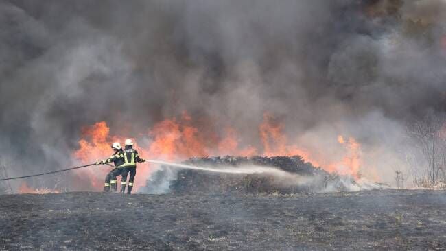 Zwei Feuerwehrleute löschen ein großes Bodenfeuer mit dichter Rauchentwicklung.