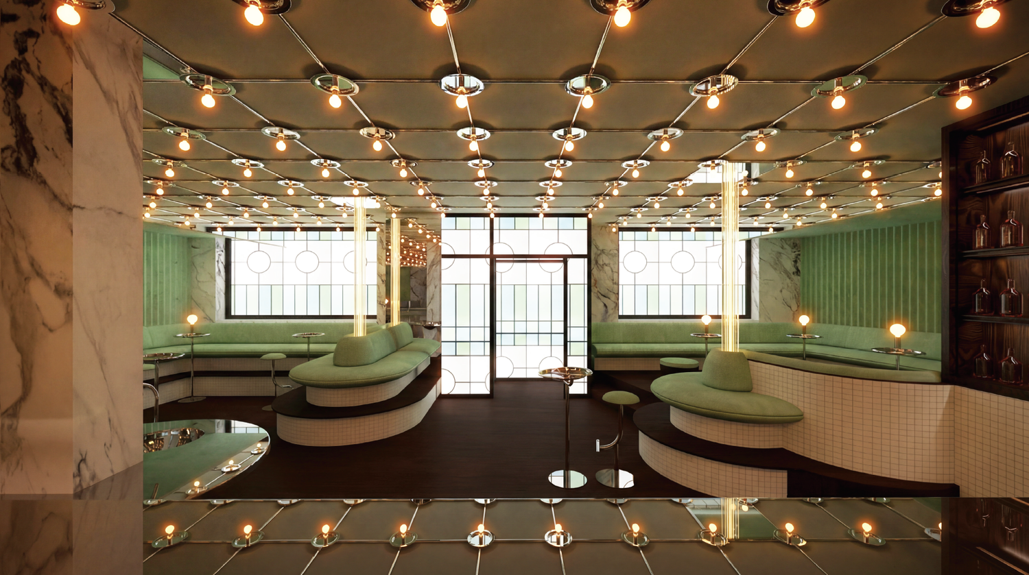 Modernes Café mit vielen kleinen Deckenlampen, grünen Sitzbänken und geometrischen Fenstern.