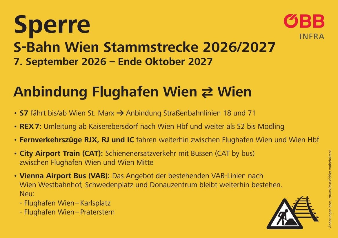 Informationsplakat zur Sperre der S-Bahn-Stammstrecke Wien 2026/2027 mit Ersatzverbindungen.