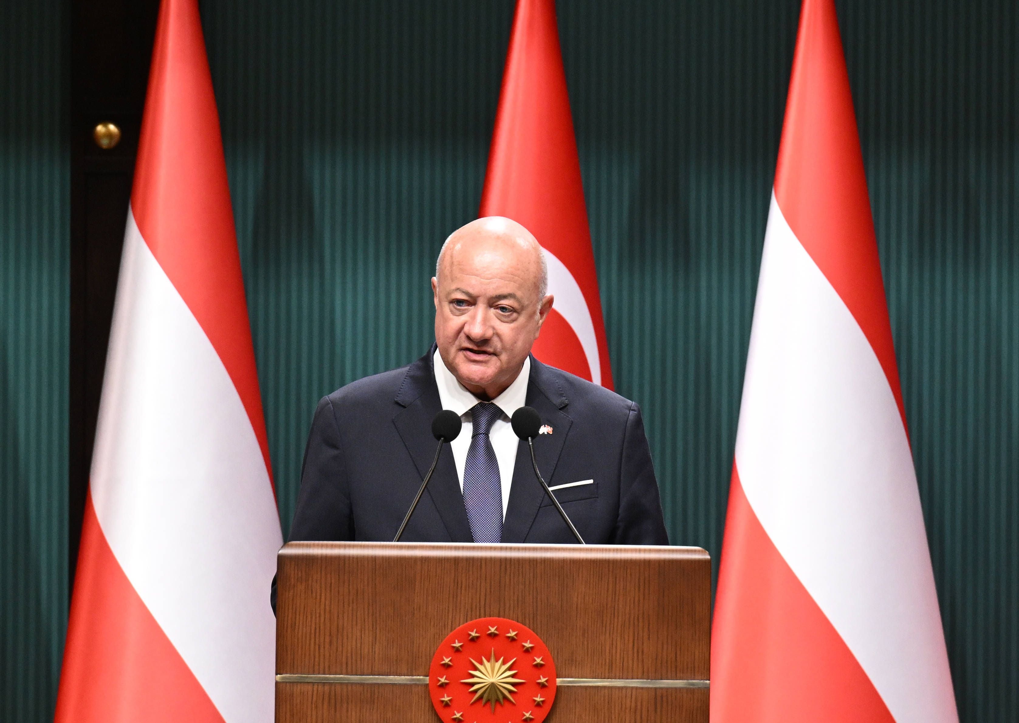 Ein Mann hält eine Rede an einem Rednerpult vor österreichischen und türkischen Flaggen.