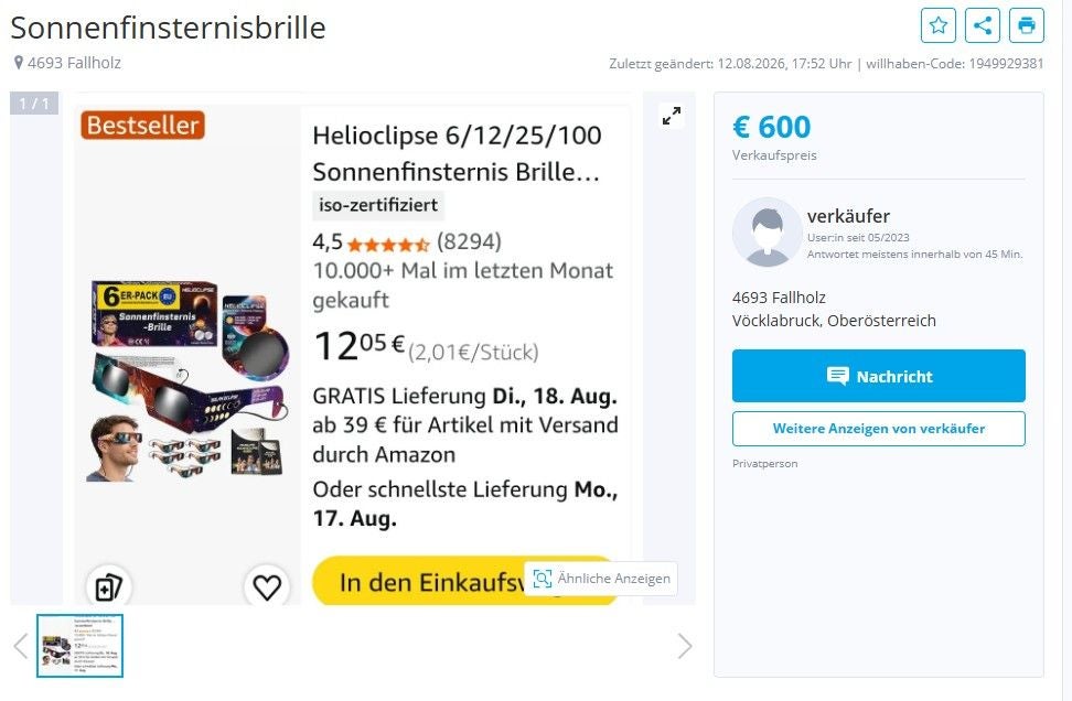 Screenshot eines Online-Inserats für Sonnenfinsternisbrillen mit extrem hohem Verkaufspreis.