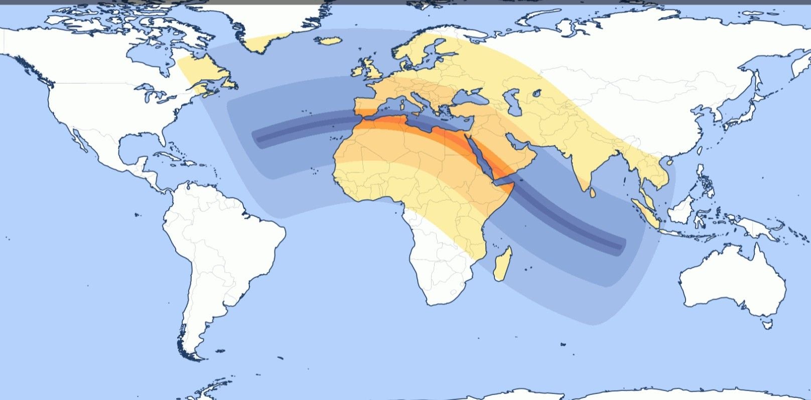 Karte mit den Sichtbarkeitszonen der Sonnenfinsternis 2027 über Europa, Afrika und Asien.