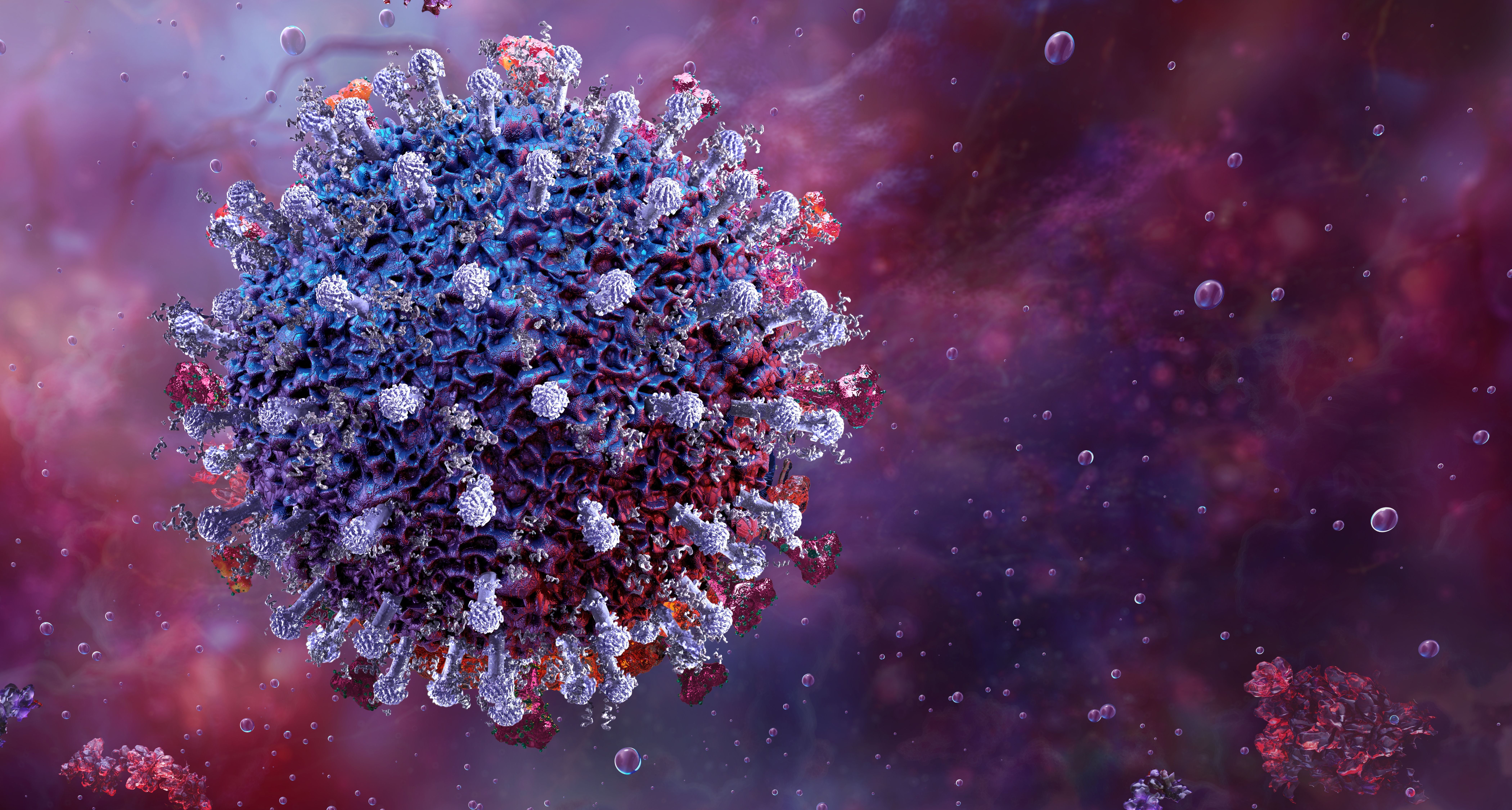 3D-Darstellung eines Coronavirus (COVID-19) mit Spike-Proteinen vor violettem Hintergrund.