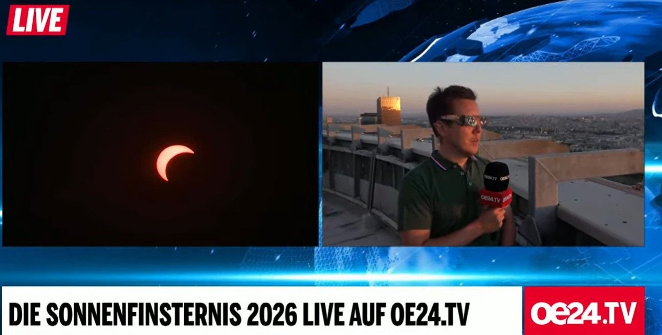 Live-Übertragung der Sonnenfinsternis vom Donauturm mit Reporter David Herrmann-Meng und Sonnenfinsternisbrille.
