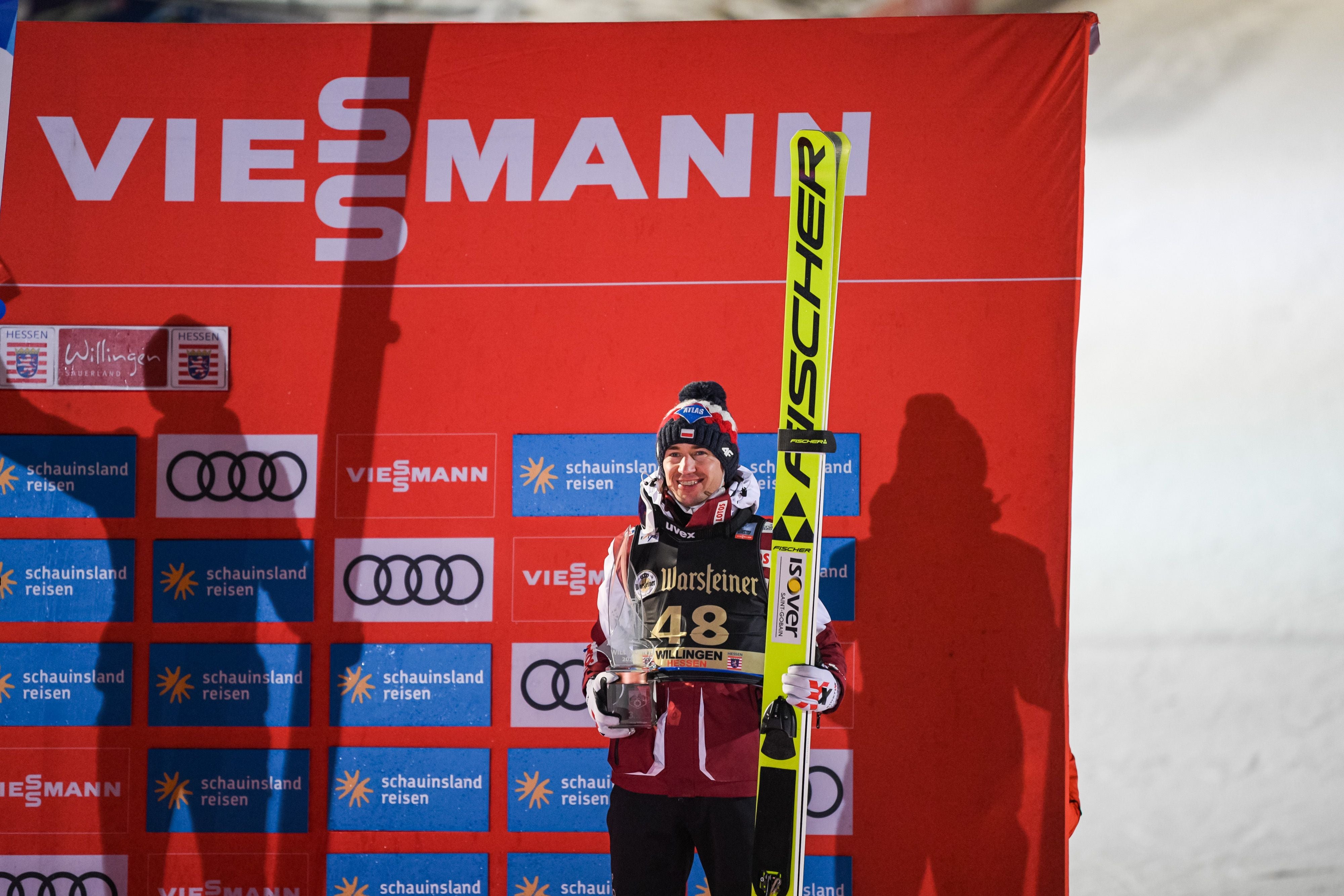 WILLINGEN, GERMANY - JANUARY 30:(BILD ZEITUNG OUT) Kamil Stoch of Poland at the medal ceremony during the Viessmann FIS Ski Jumping World Cup Willingen on January 30, 2021 in Willingen, Germany. (Photo by Kevin Voigt/DeFodi Images via Getty Images)