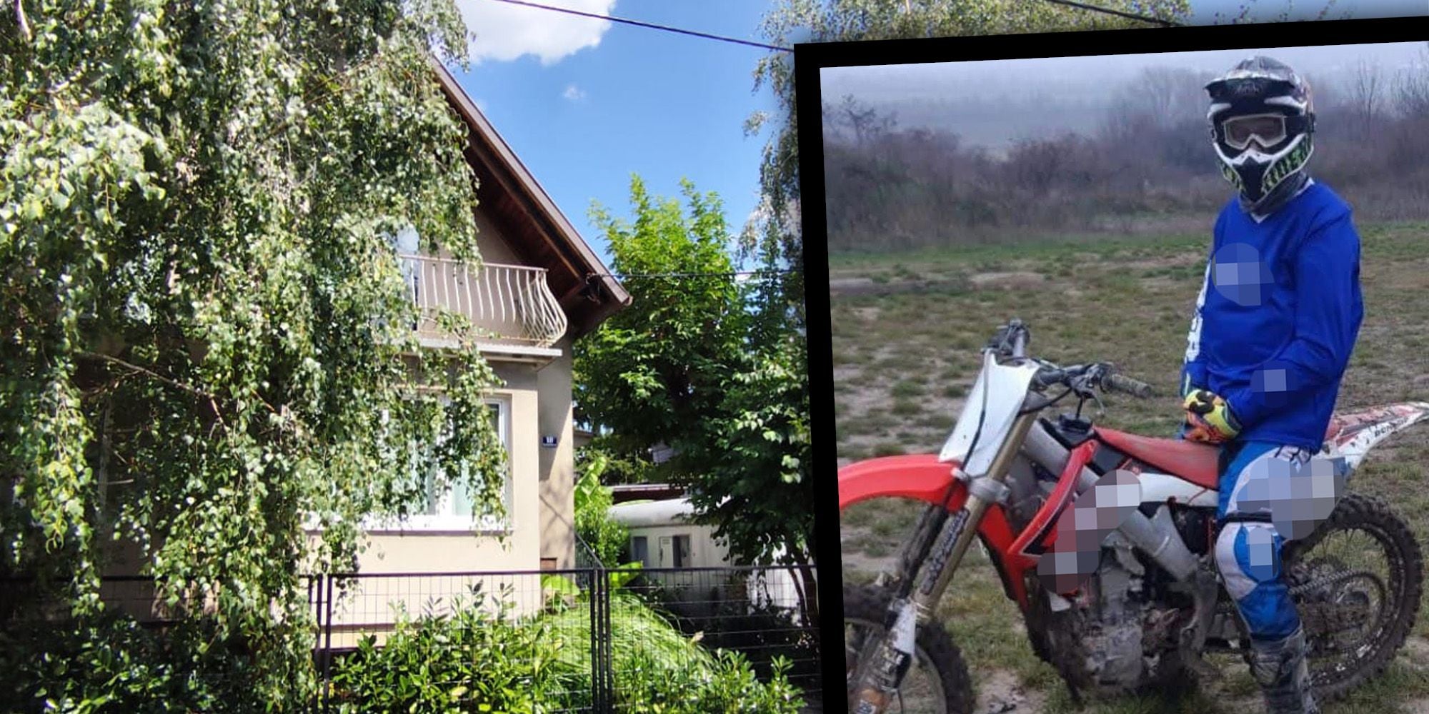 Ein Haus mit Garten im Vordergrund und einem Motorradfahrer im blauen Outfit auf einem Feld.