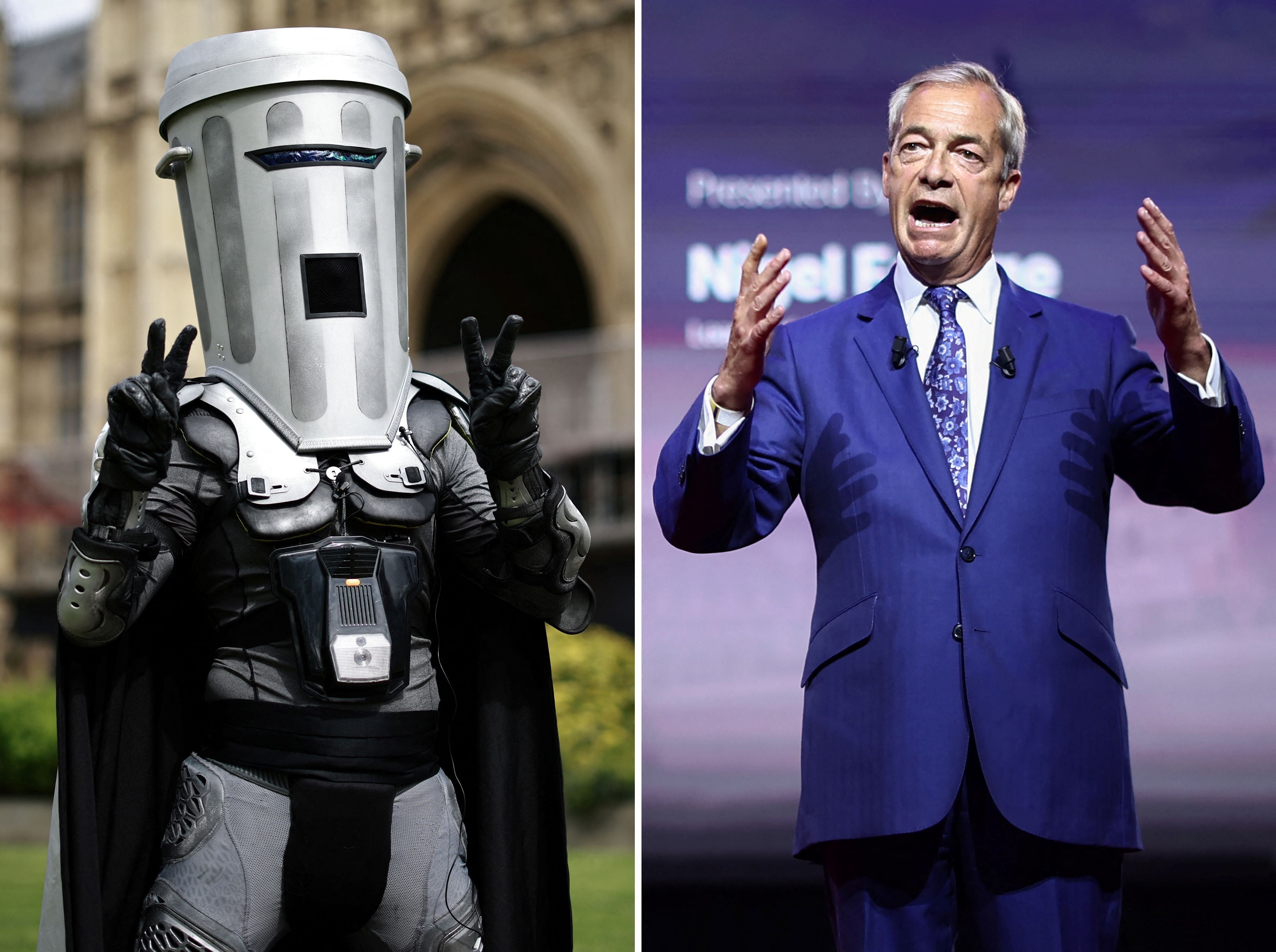 Zweiteiliges Bild: Links eine Person im Mülltonnenkostüm, rechts ein Mann im blauen Anzug beim Reden.