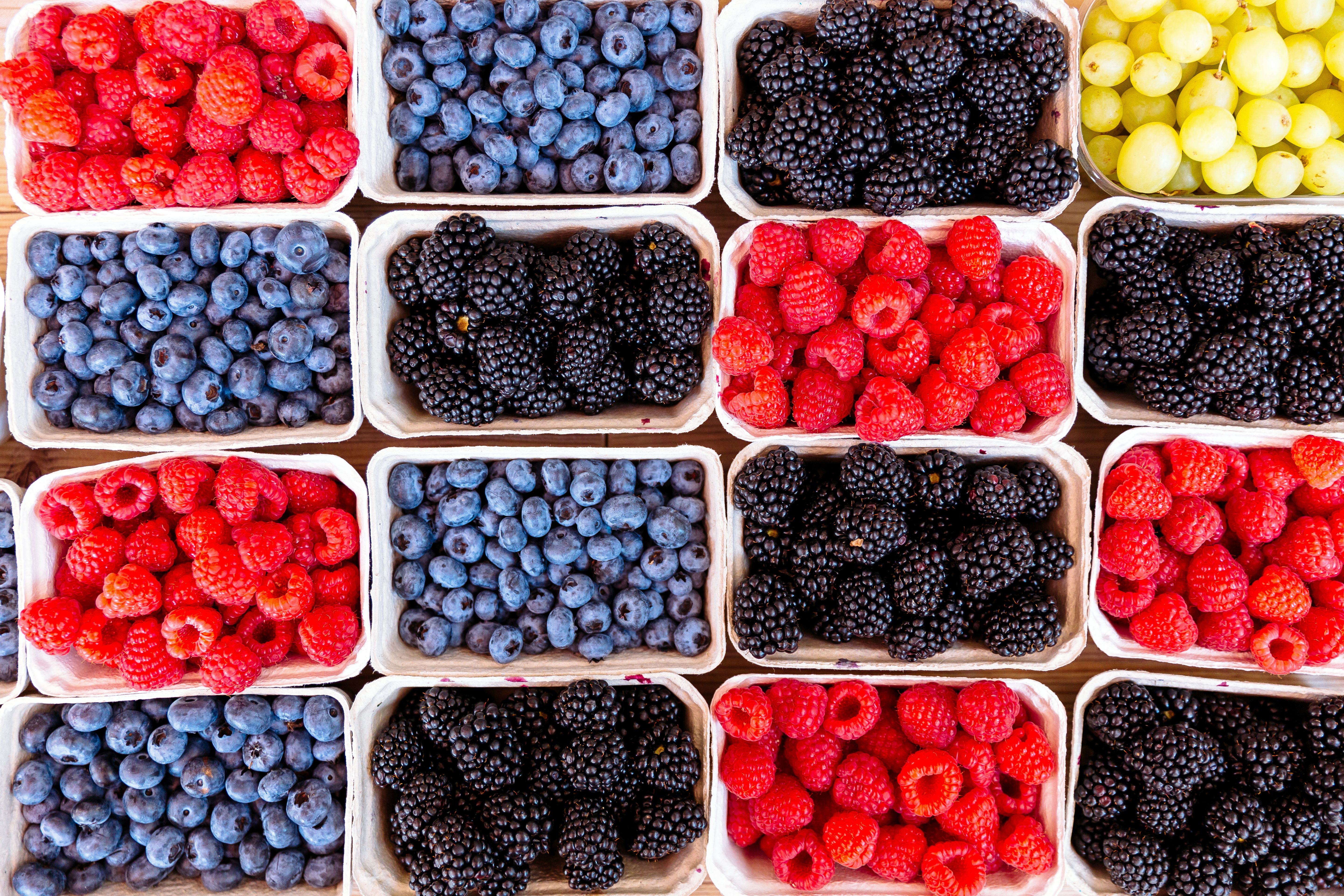 Verschiedene Beeren und Trauben in Schalen von oben fotografiert, bunt angeordnet.
