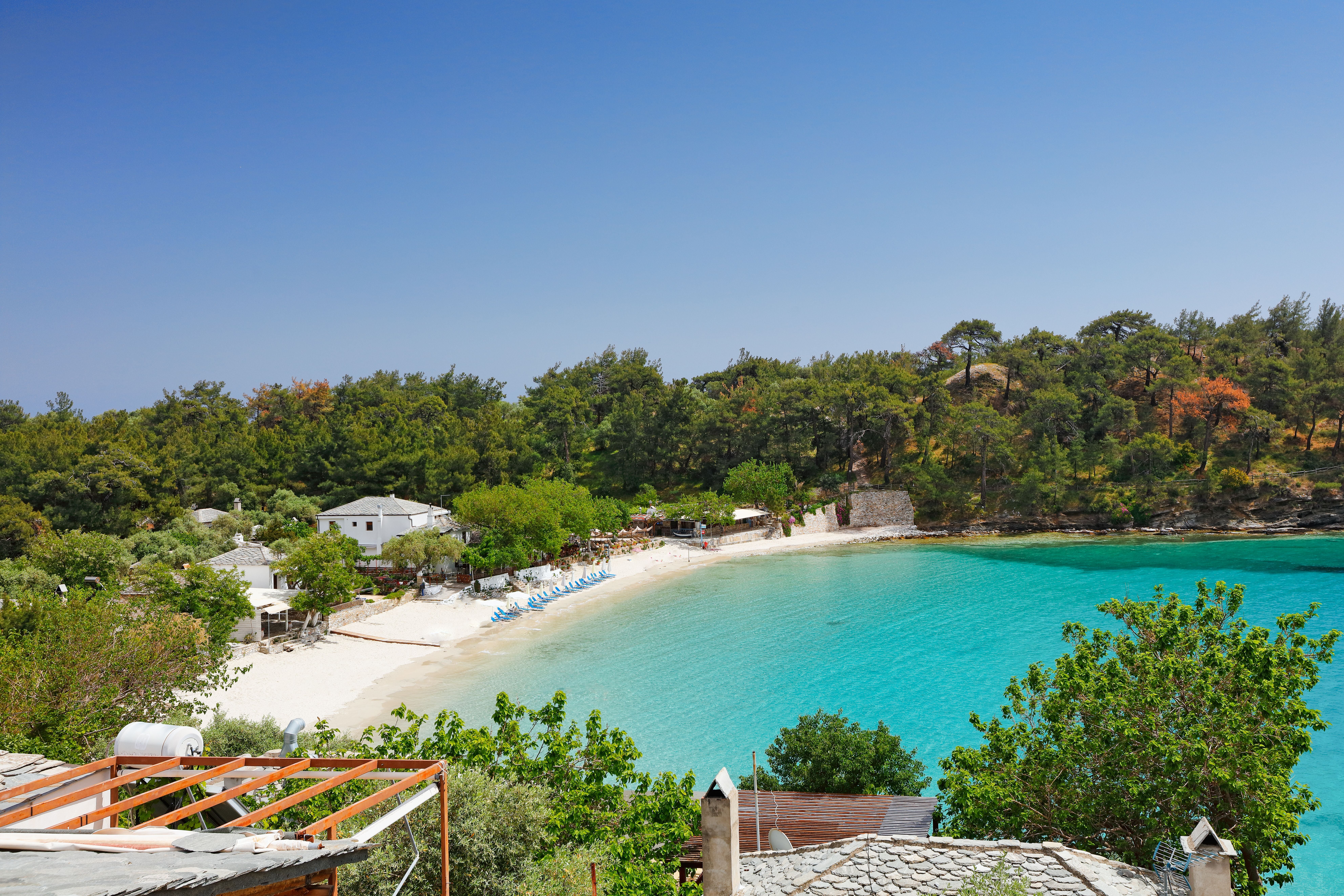 Strand Alyki auf Thassos, Griechenland, mit türkisfarbenem Wasser und grünen Bäumen im Hintergrund.