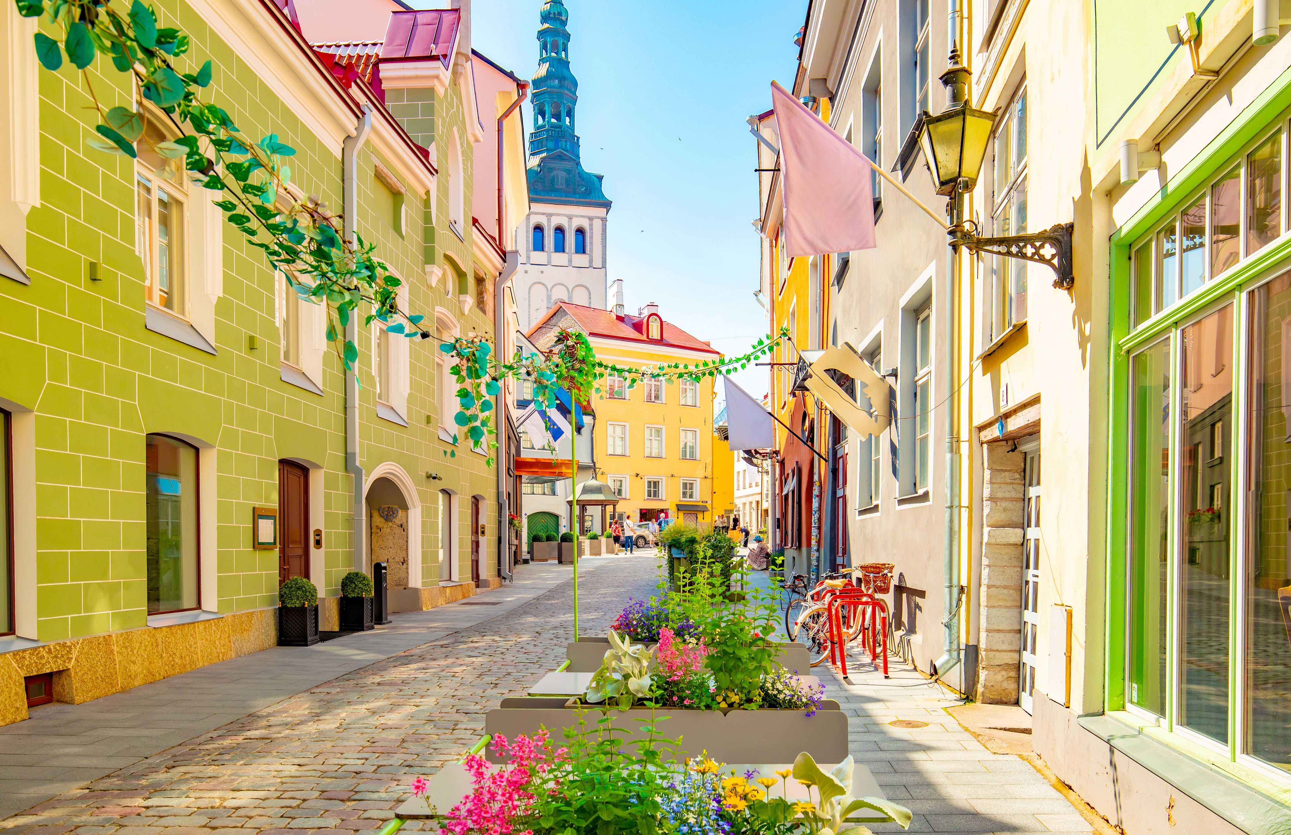 Bunte Altstadtstraße in Tallinn mit Blumen, Cafés und einem Kirchturm im Hintergrund.