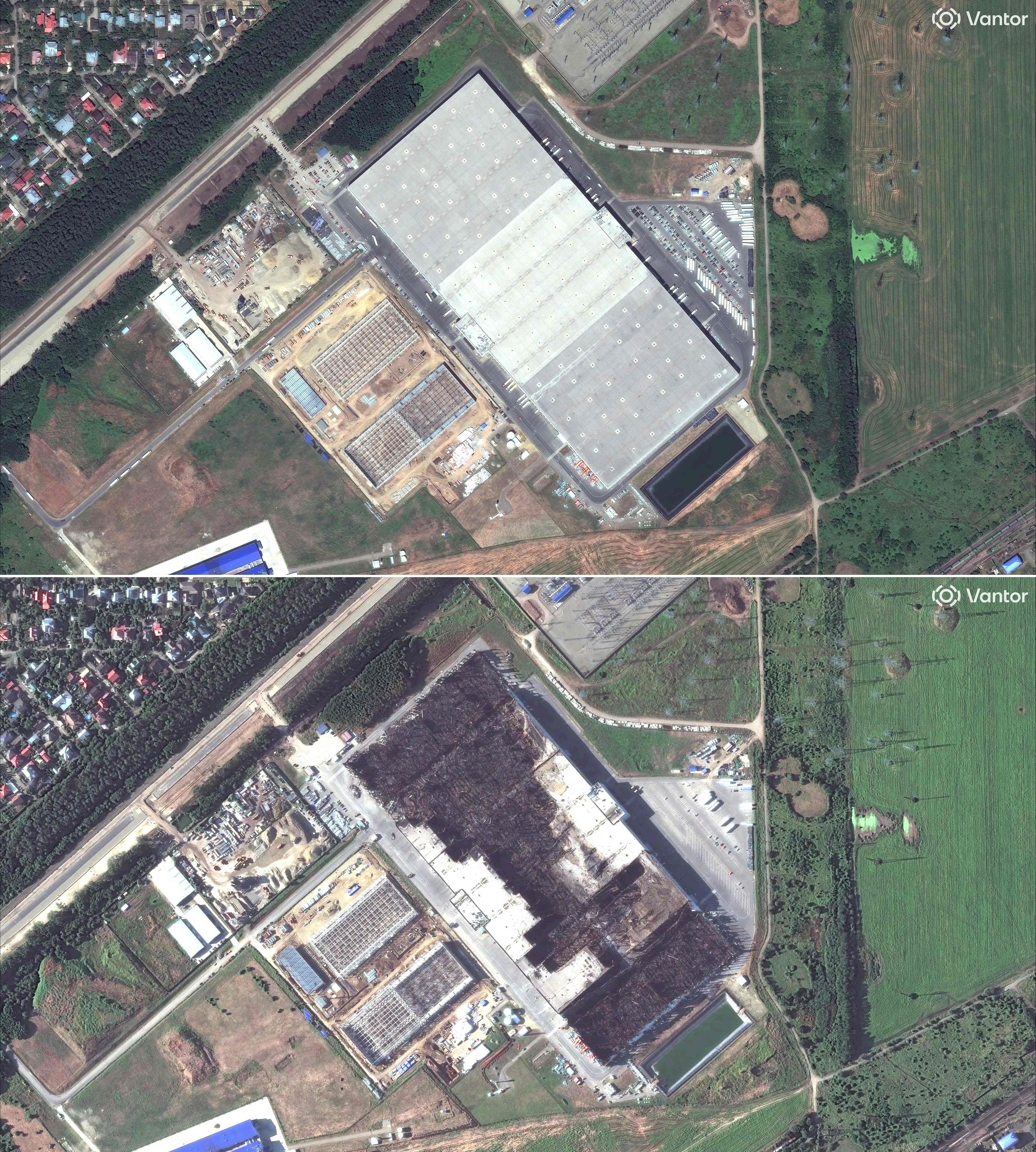 Diese Bildkombination aus Satellitenbildern, zeigt das Wildberries-Lagerhaus in Krasnodar, Russland, am 21. Juli 2026 (oben) und am 5. August 2026 nach ukrainischen Angriffen. Die Ukraine hat die Lagerhäuser von Russlands größtem Online-Händler "Wildberries" seit Mitte Juli etwa ein Dutzend Mal getroffen, wobei mindestens acht Menschen getötet und ein großer Teil der Lagerkapazität des Unternehmens zerstört wurden.