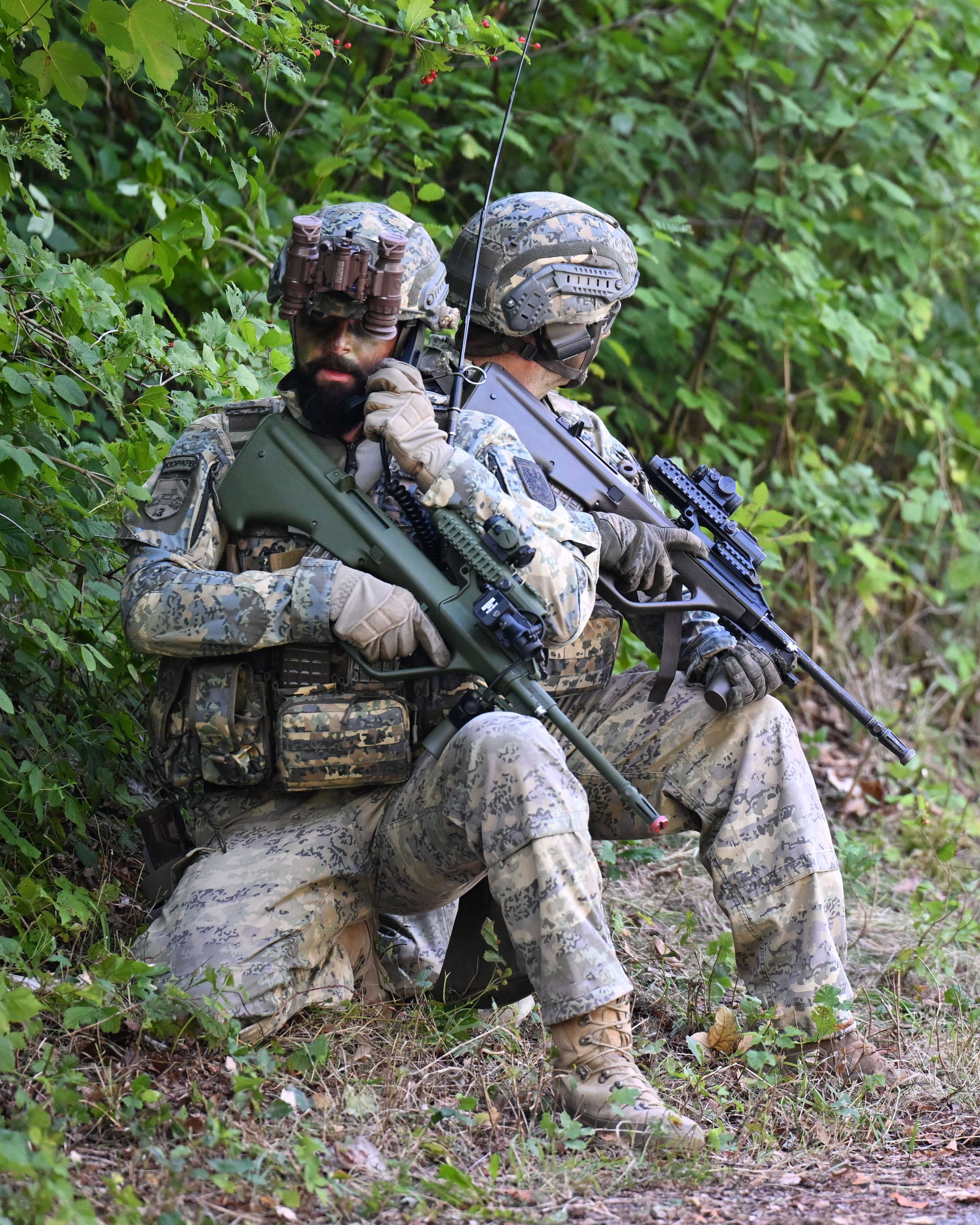 Zwei Soldaten in Tarnuniform sichern bewaffnet einen Waldrand während einer Übung.