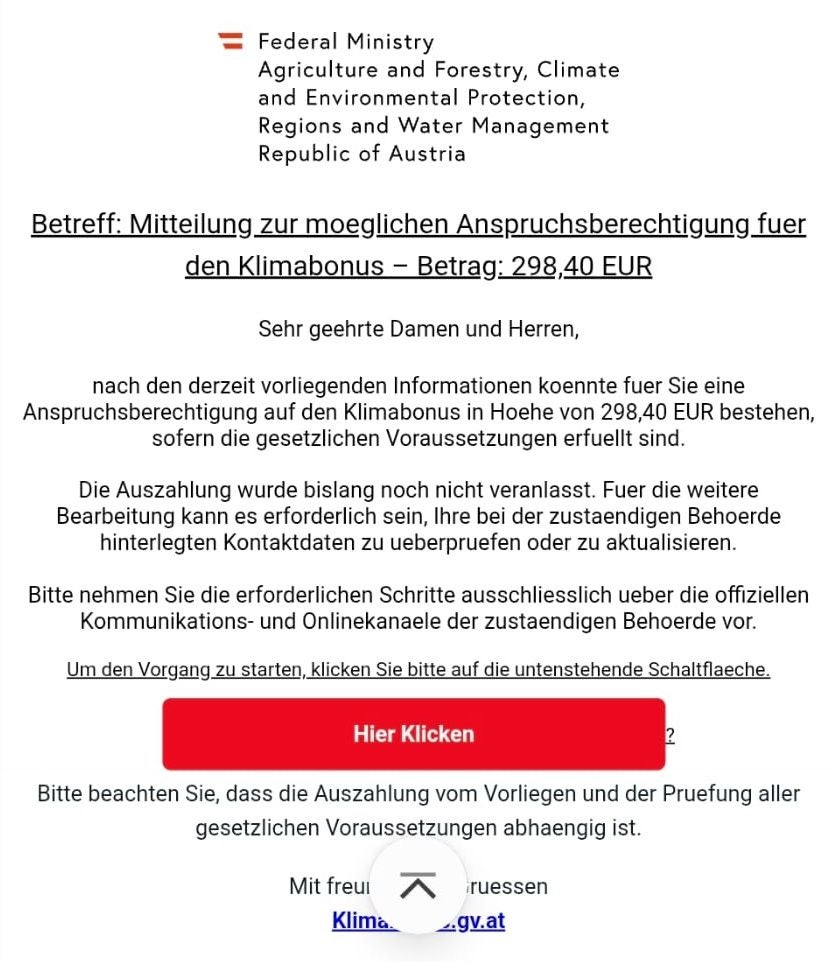 E-Mail auf Deutsch mit Betreff zum Klimabonus und rotem Button "Hier Klicken" zur Bestätigung.