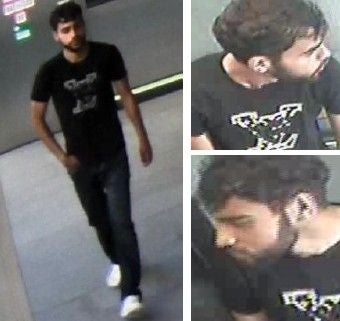 Überwachungskamera zeigt einen jungen Mann mit Bart, schwarzem T-Shirt und Jeans aus verschiedenen Winkeln.
