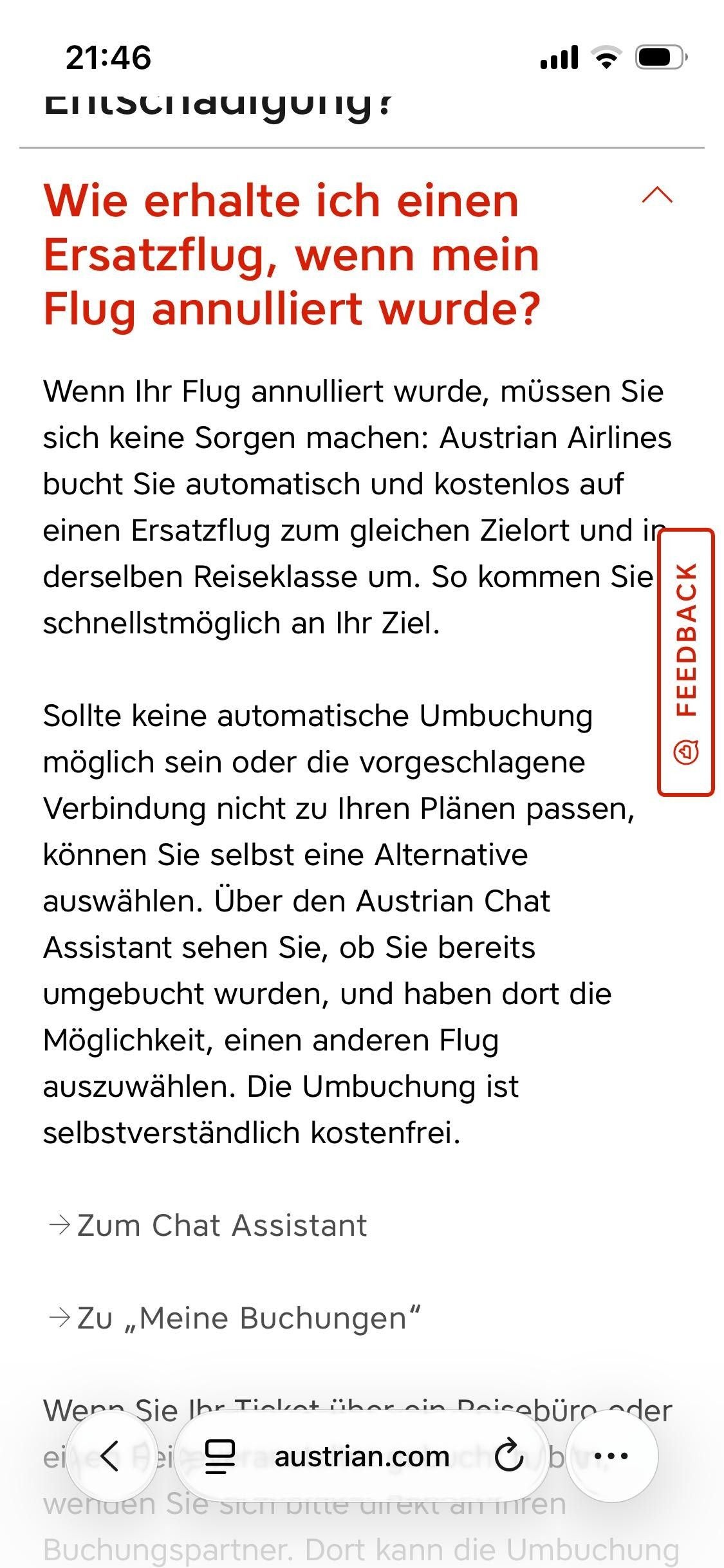 Screenshot mit Informationen zur Umbuchung bei Flugannullierung von Austrian Airlines auf austrian.com.