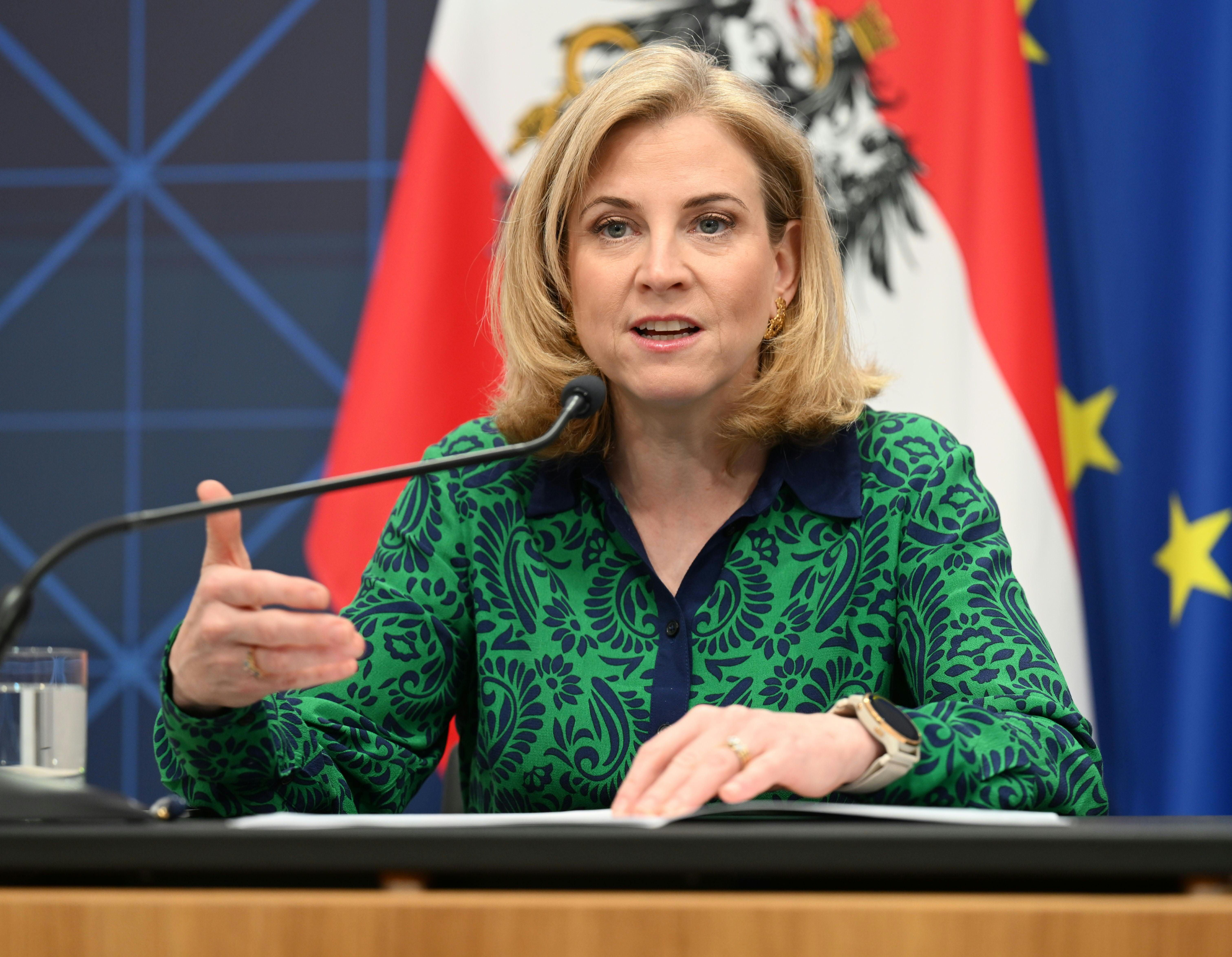 Eine Frau spricht auf einer Pressekonferenz im Parlament vor österreichischer Flagge.