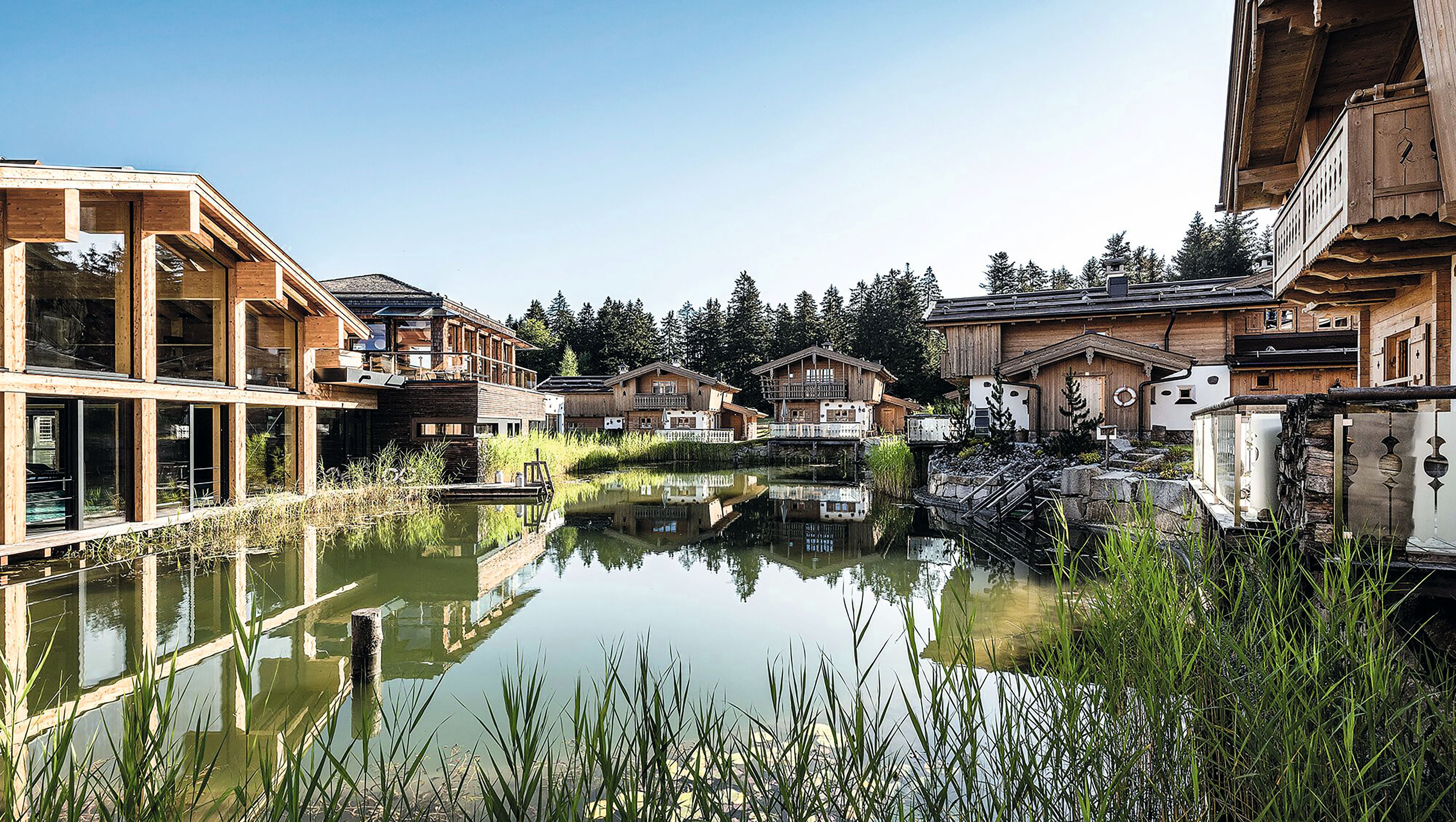 Holzchalets stehen an einem Teich mit Schilf, dahinter Wald und blauer Himmel.