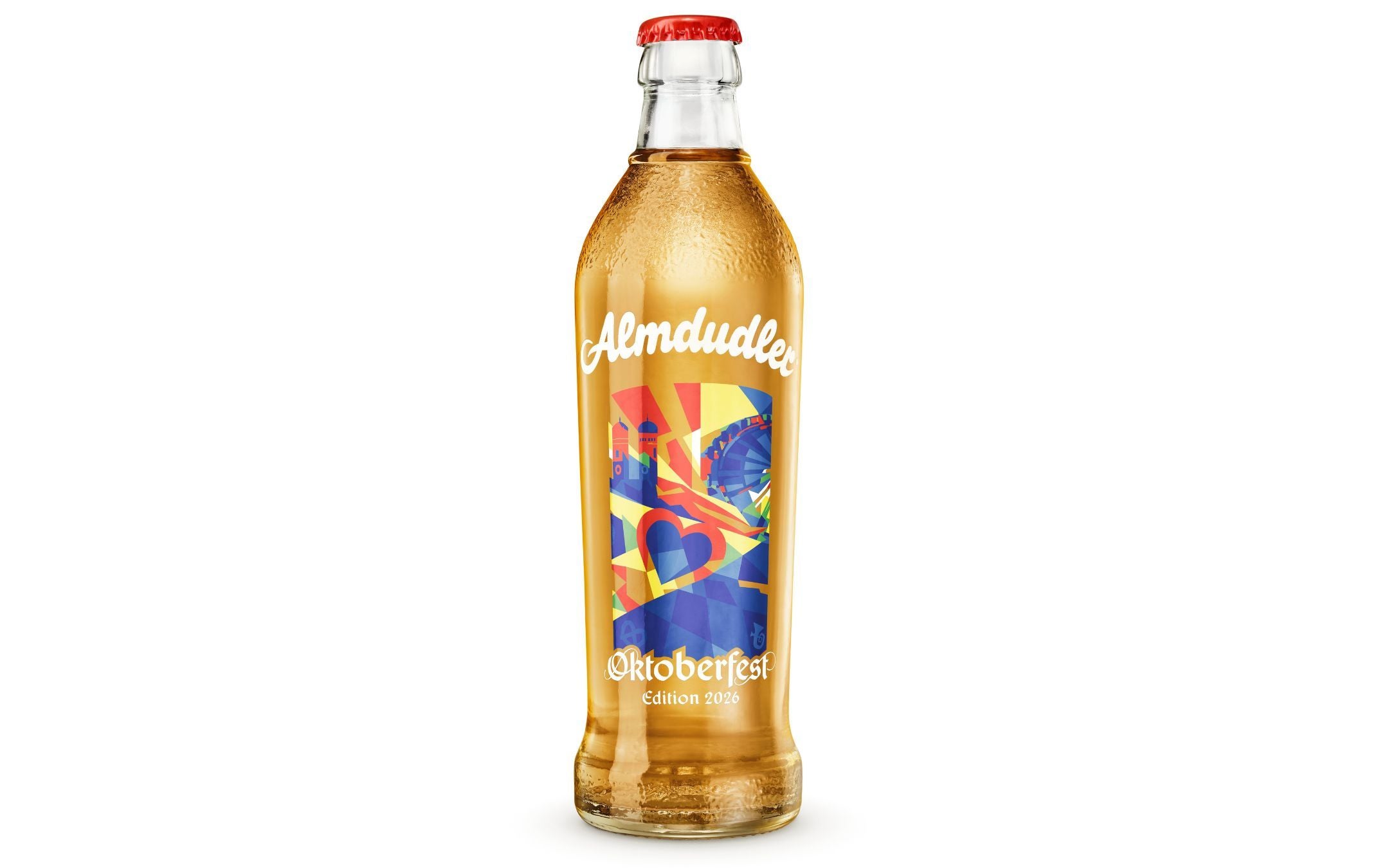 Almdudler-Flasche mit bunter Oktoberfest Edition 2026 Etikett auf weißem Hintergrund.
