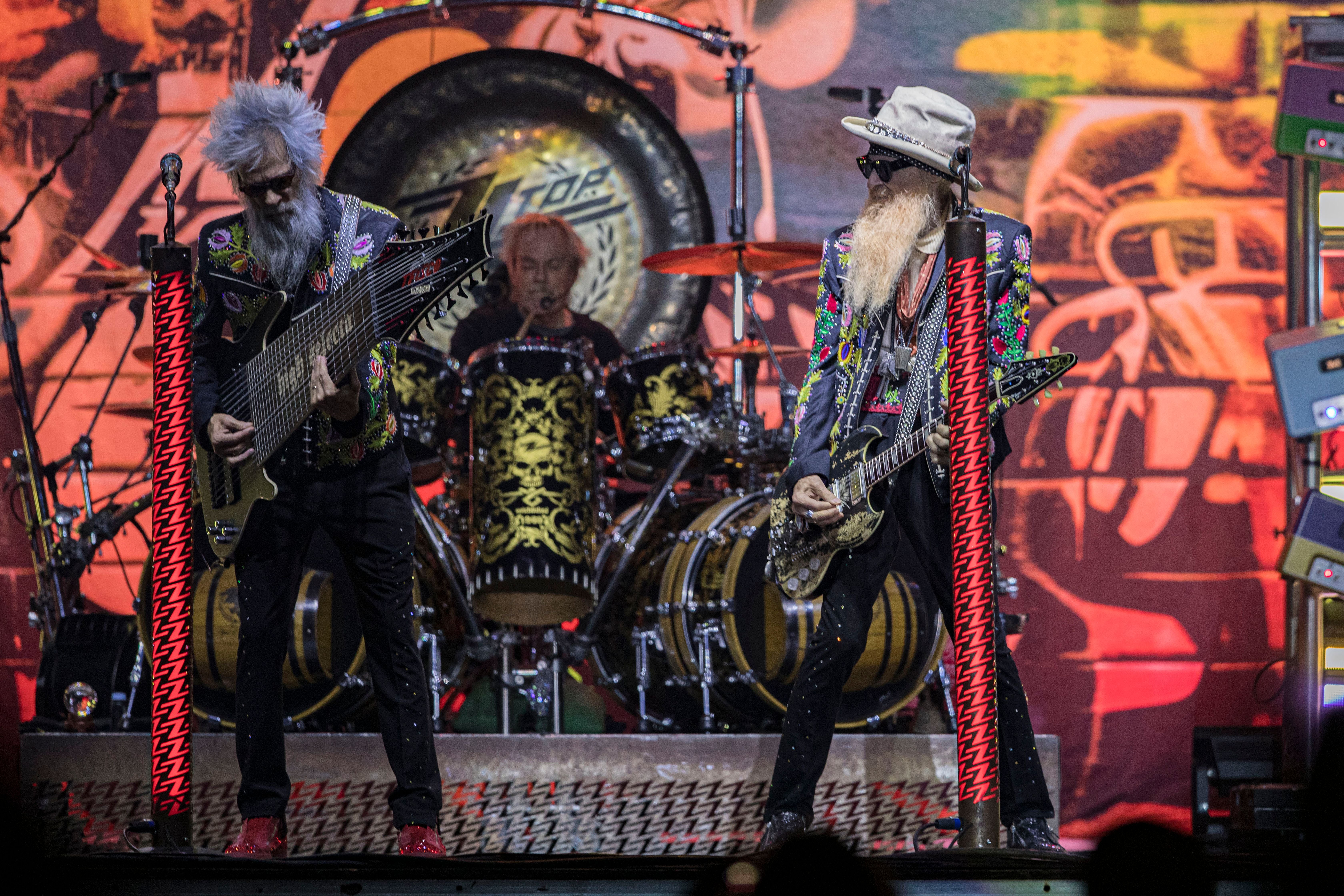 ALPINE, CALIFORNIA - NOVEMBER 02: (L-R) Elwood Francis, Frank Beard, and Billy Gibbons of ZZ Top perform on stage at Viejas Casino &amp; Resort on November 02, 2025 in Alpine, California. (Photo by Daniel Knighton/Getty Images)