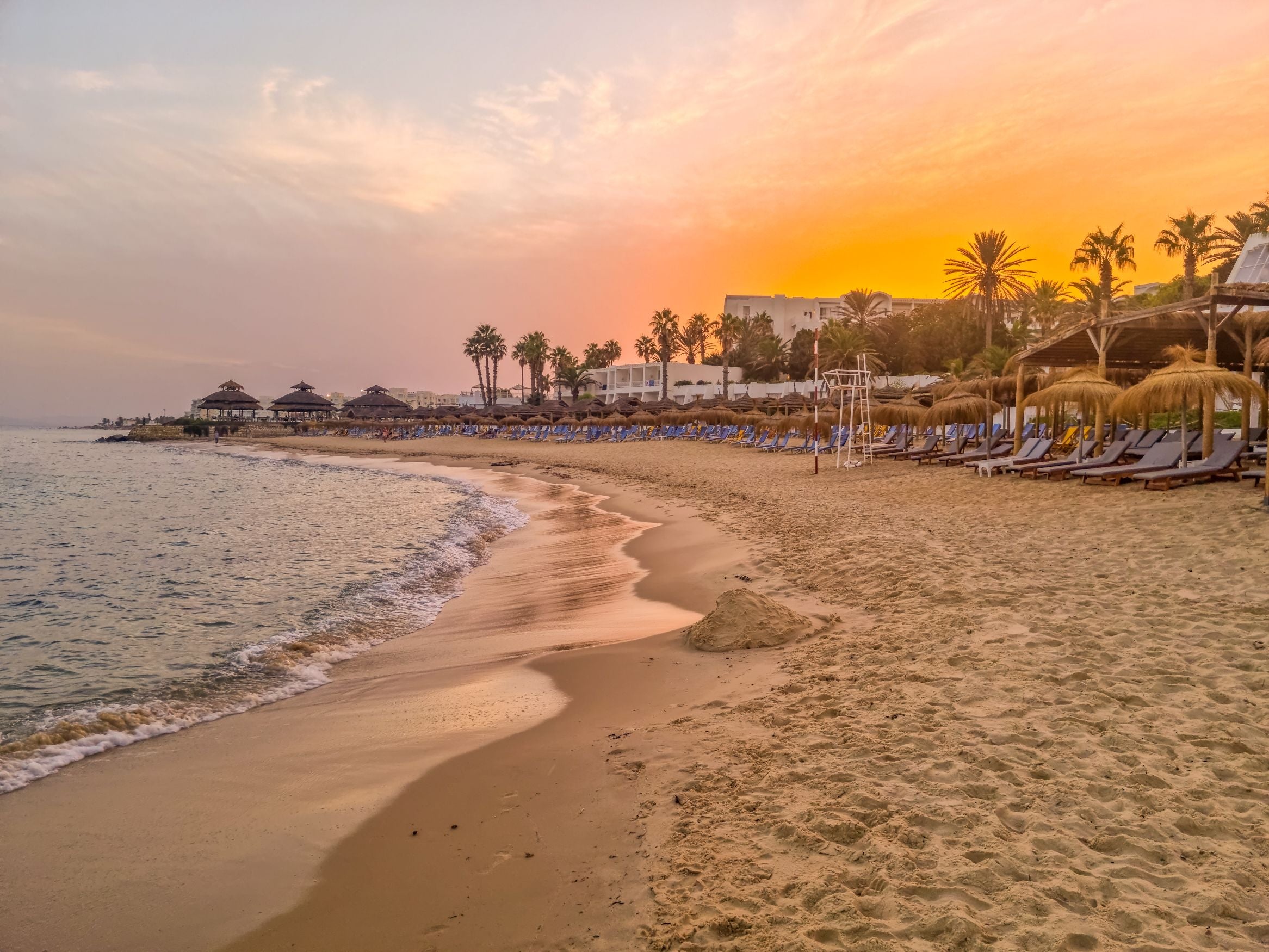 Sonnenuntergang am Sandstrand mit Palmen und Sonnenliegen in Hammamet, Tunesien.