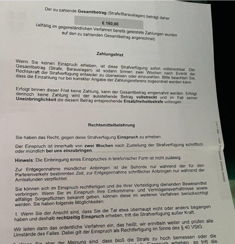 Brief zu einer Parkstrafe in Wien mit Angabe einer Geldstrafe von 160 Euro und Rechtsmittelbelehrung.