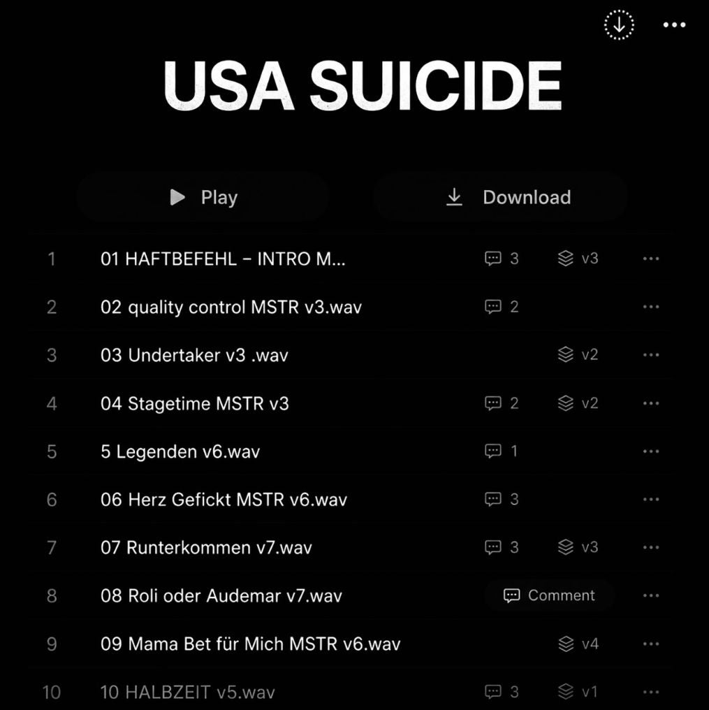 Schwarzer Hintergrund mit Playlist „USA SUICIDE“ und Titeln von Haftbefehl angezeigt.