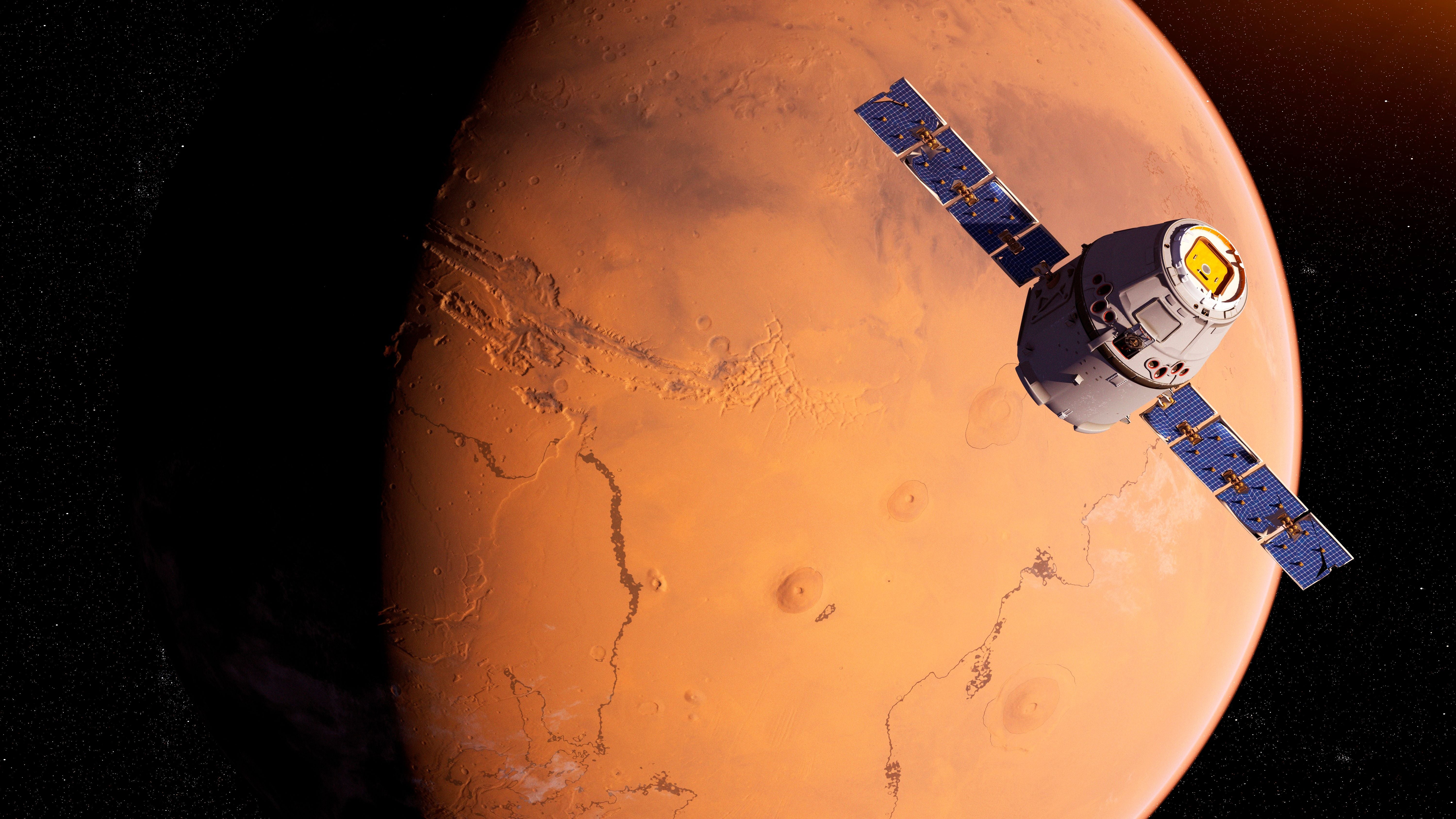 Illustration eines Satelliten vor dem Planeten Mars im Weltraum.