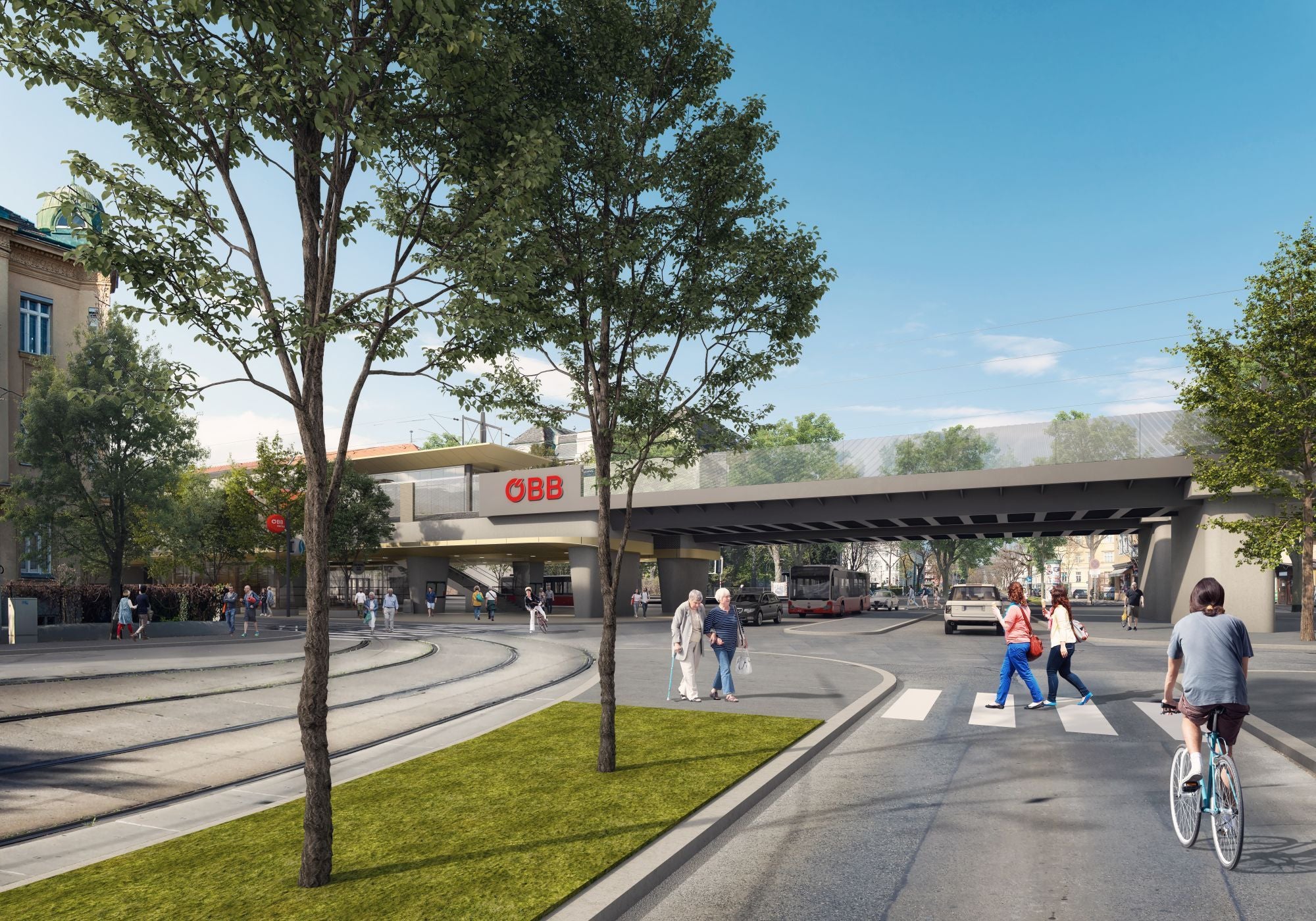 Visualisierung einer ÖBB-Station mit Fußgängern, Radfahrer, Straßenbahn und Bäumen an der Straße.