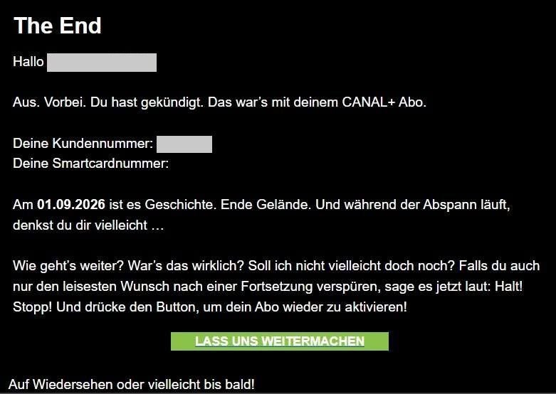 Screenshot einer Kündigungsbestätigung von Canal+ mit Button zur Reaktivierung des Abos.