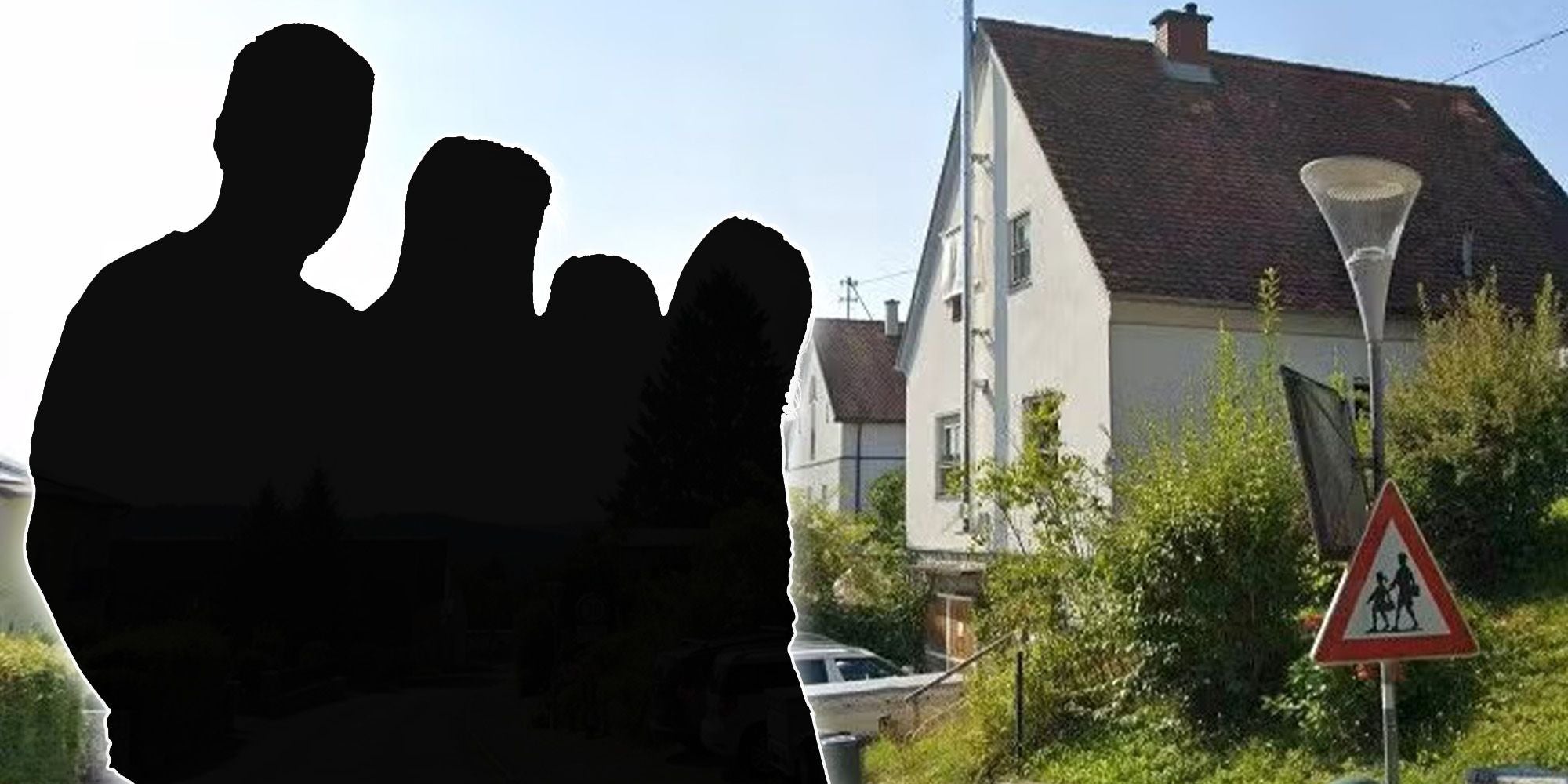 Straßenszene mit Haus, Straßenschild und vier Personen als schwarze Silhouetten im Vordergrund.