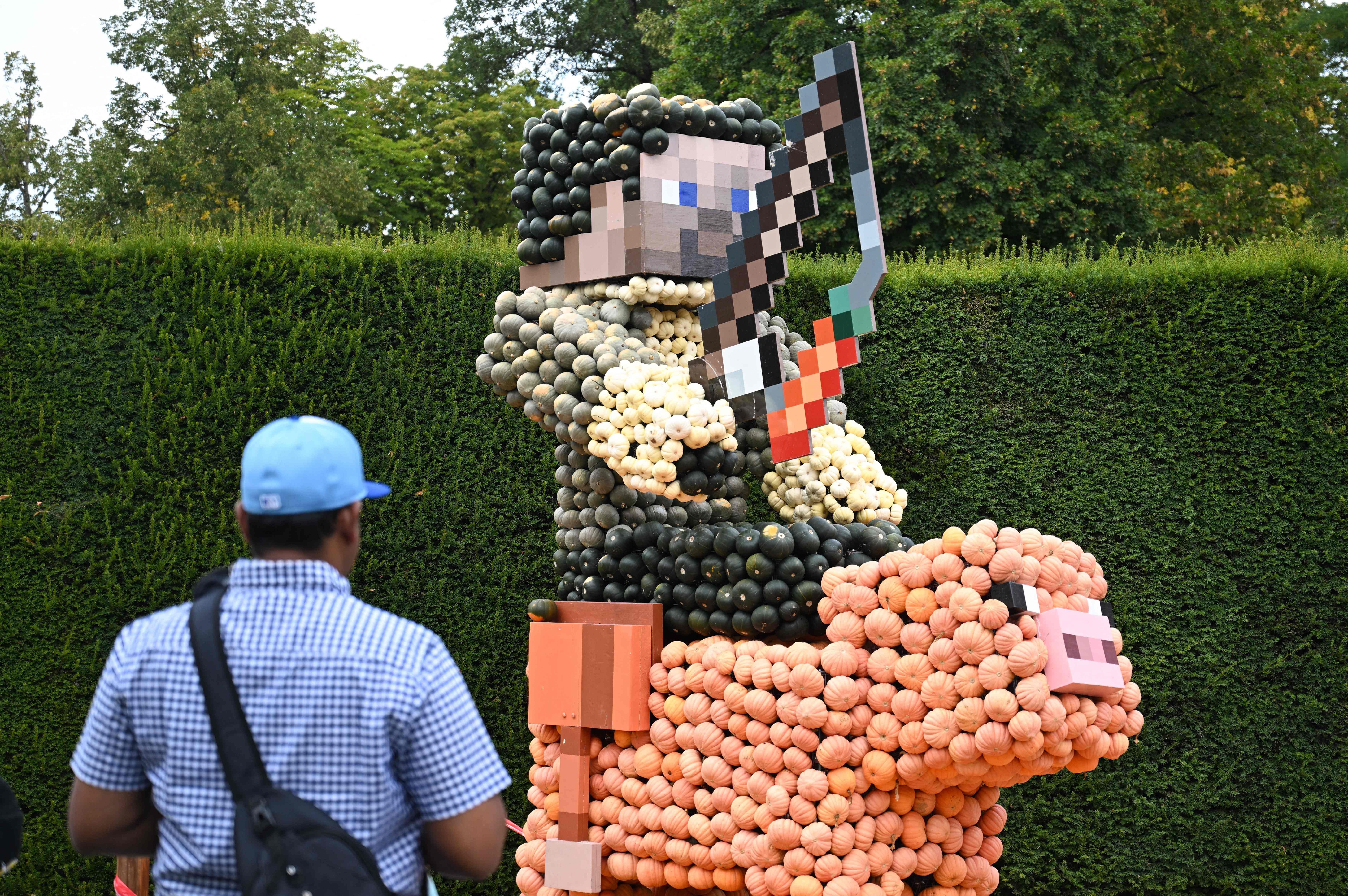 Ein Mann betrachtet eine große Minecraft-Figur aus Kürbissen bei einer Kürbisausstellung im Freien.
