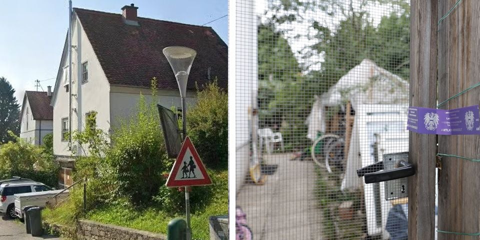 Links ein Wohnhaus mit Straßenschild, rechts ein Gartenzaun mit lila Band und Gartenzelt.