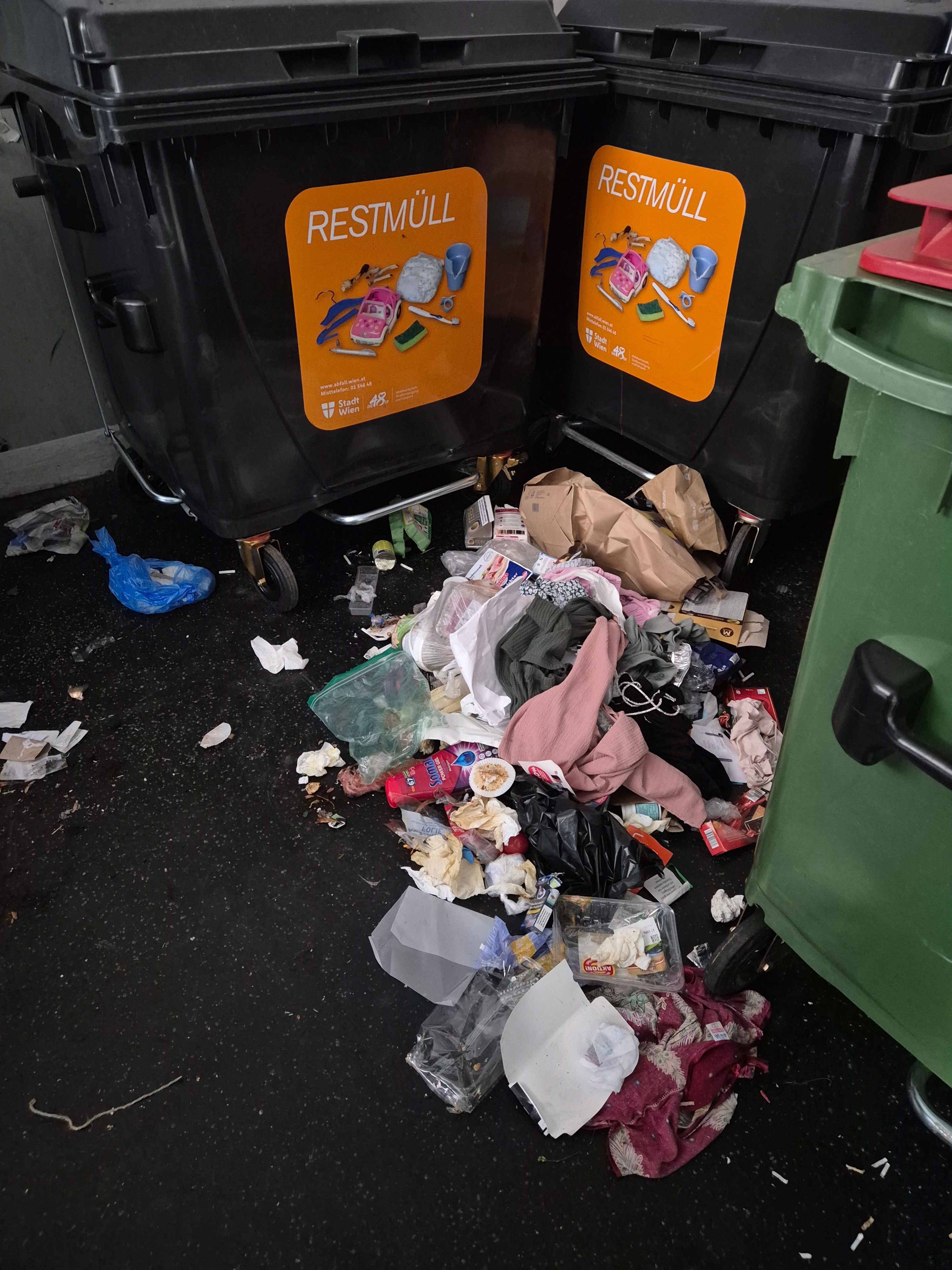 Müll liegt vor zwei Restmülltonnen im Fritz-Imhoff-Park auf dem Boden verstreut.