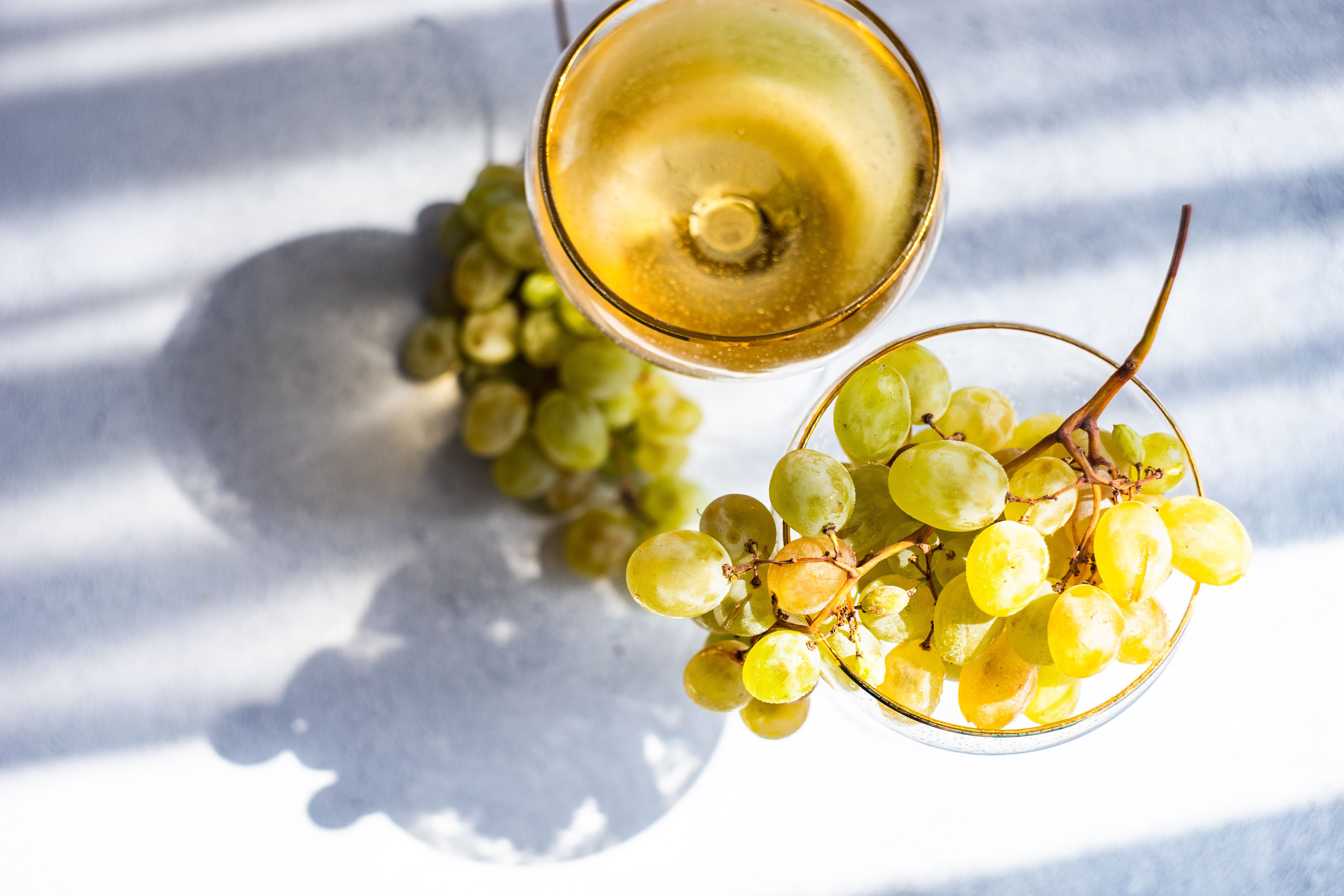 Ein Glas Weißwein und grüne Weintrauben auf weißem Untergrund im Sonnenlicht.