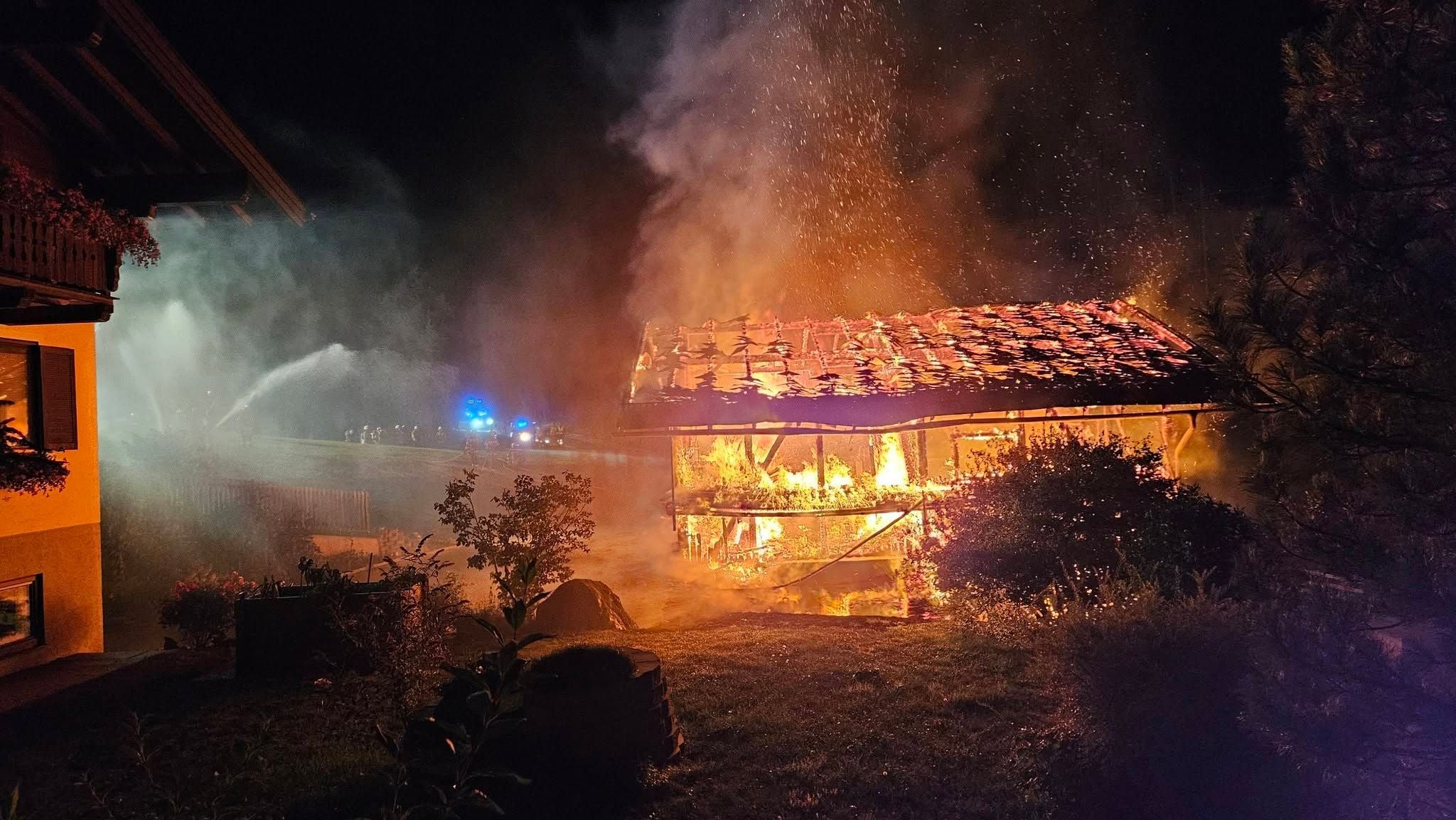 Brennendes Gebäude bei Nacht, Feuerwehrleute versuchen den Brand zu löschen.
