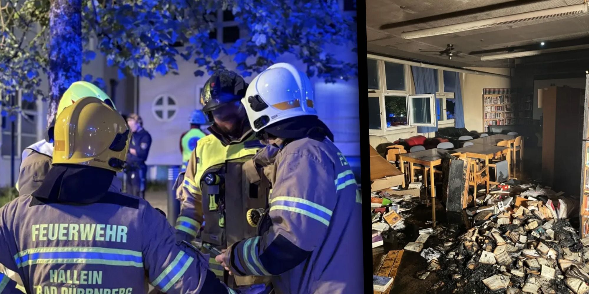 Feuerwehrleute stehen vor einem Gymnasium, daneben ein ausgebrannter und beschädigter Klassenraum.